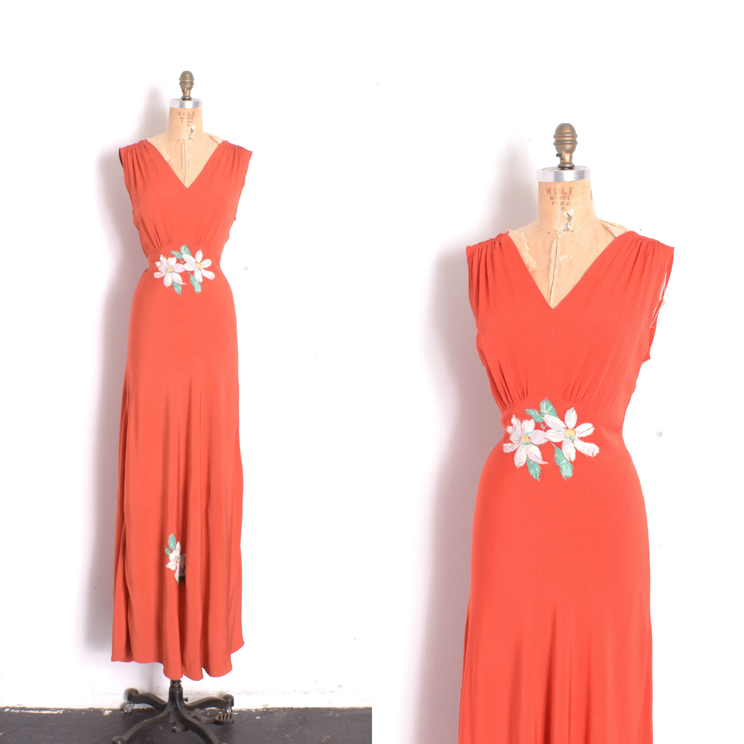 1930s Tomato Rayon Gown with Floral Appliques-small/medium