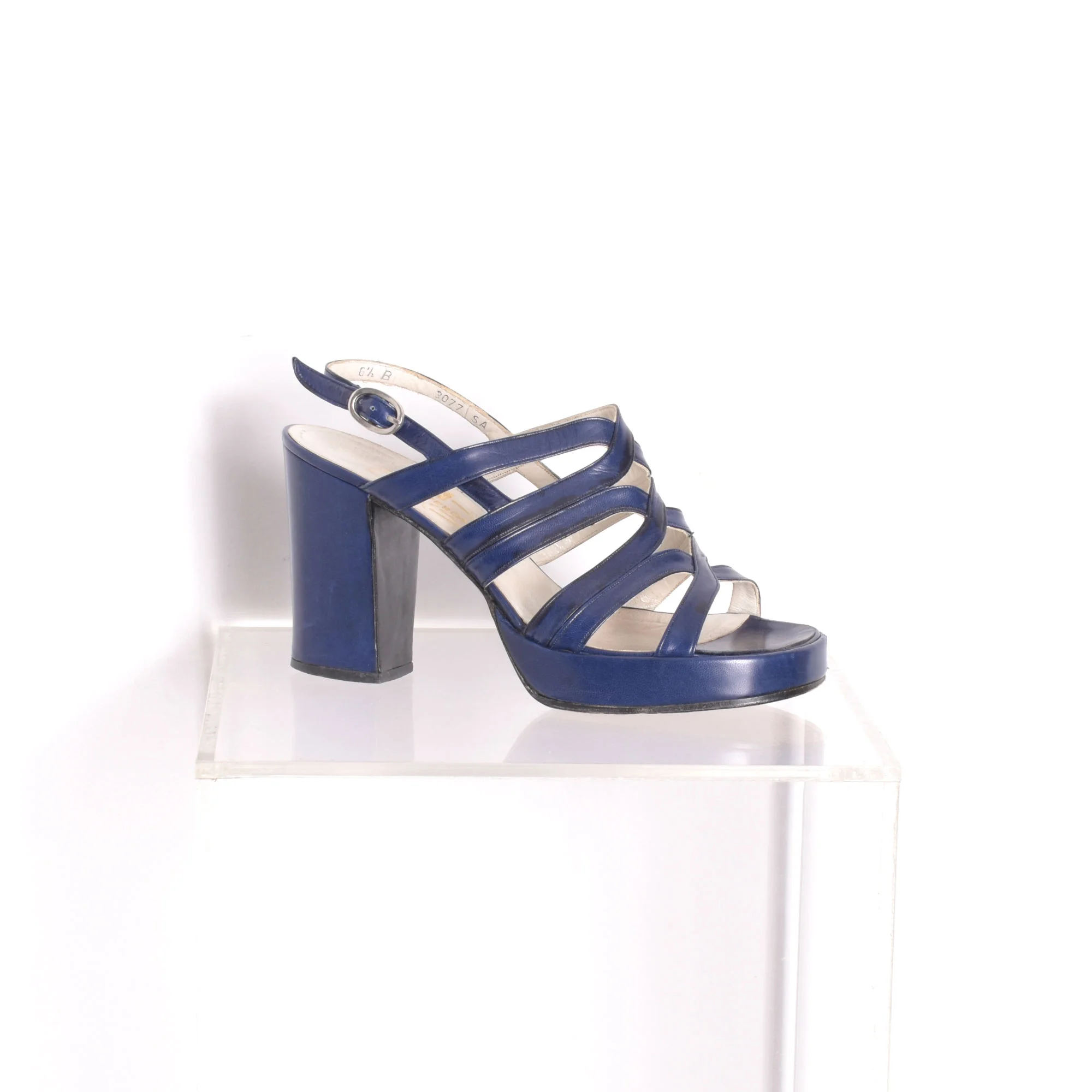 1970s navy blue strappy leather platform sandals