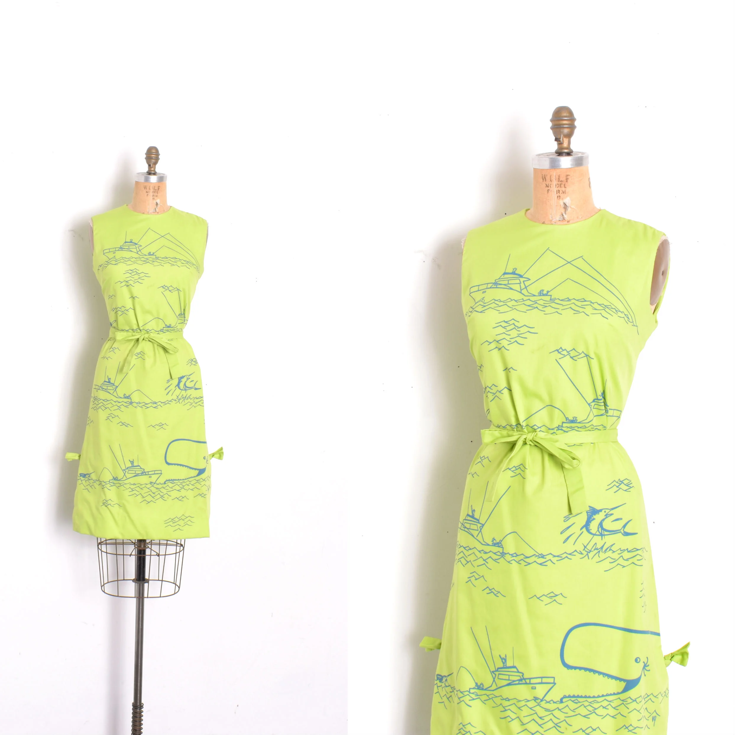 1960s Vested Gentress Fishing Print Dress - small/medium