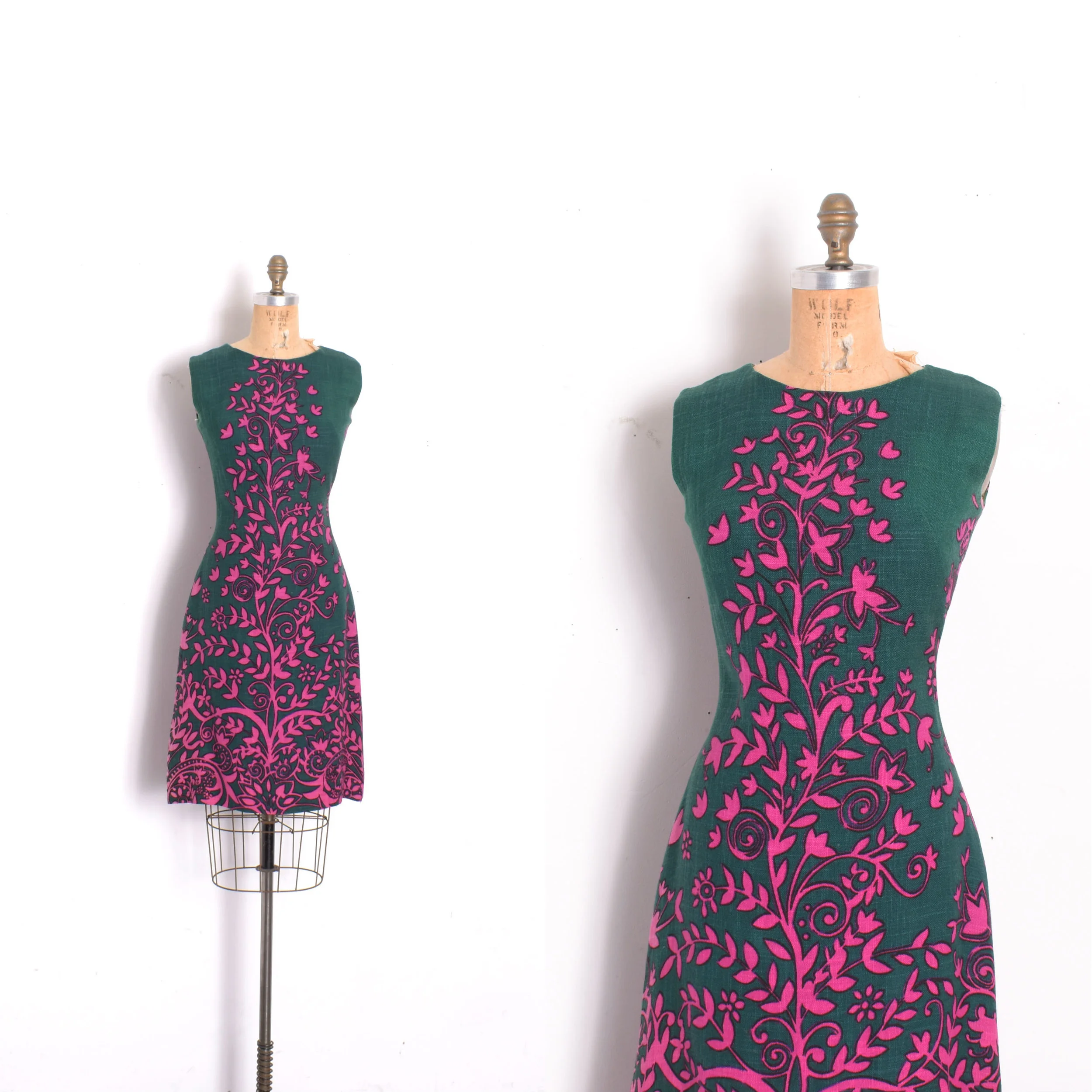 1960s Forest Green and Pink Linen Dress -small  La Poubelle Vintage