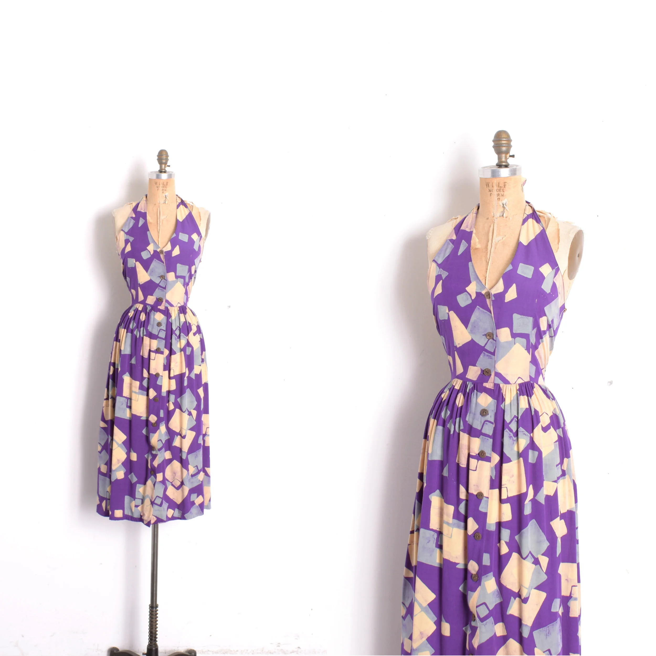 1980s Purple Batik Halter Dress - medium