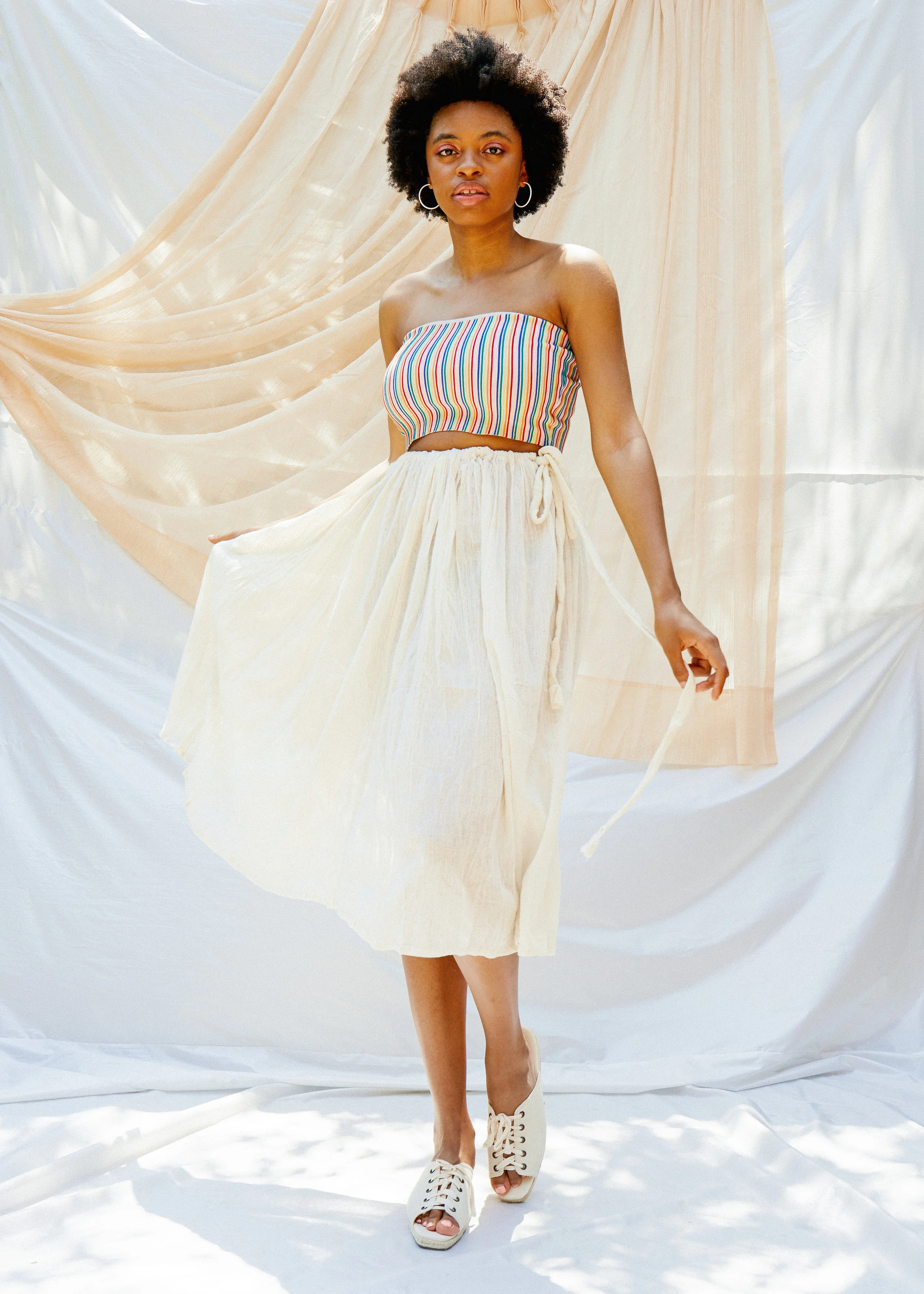 Deadstock 1970s Cream Gauze Drawstring Skirt-XS-XL