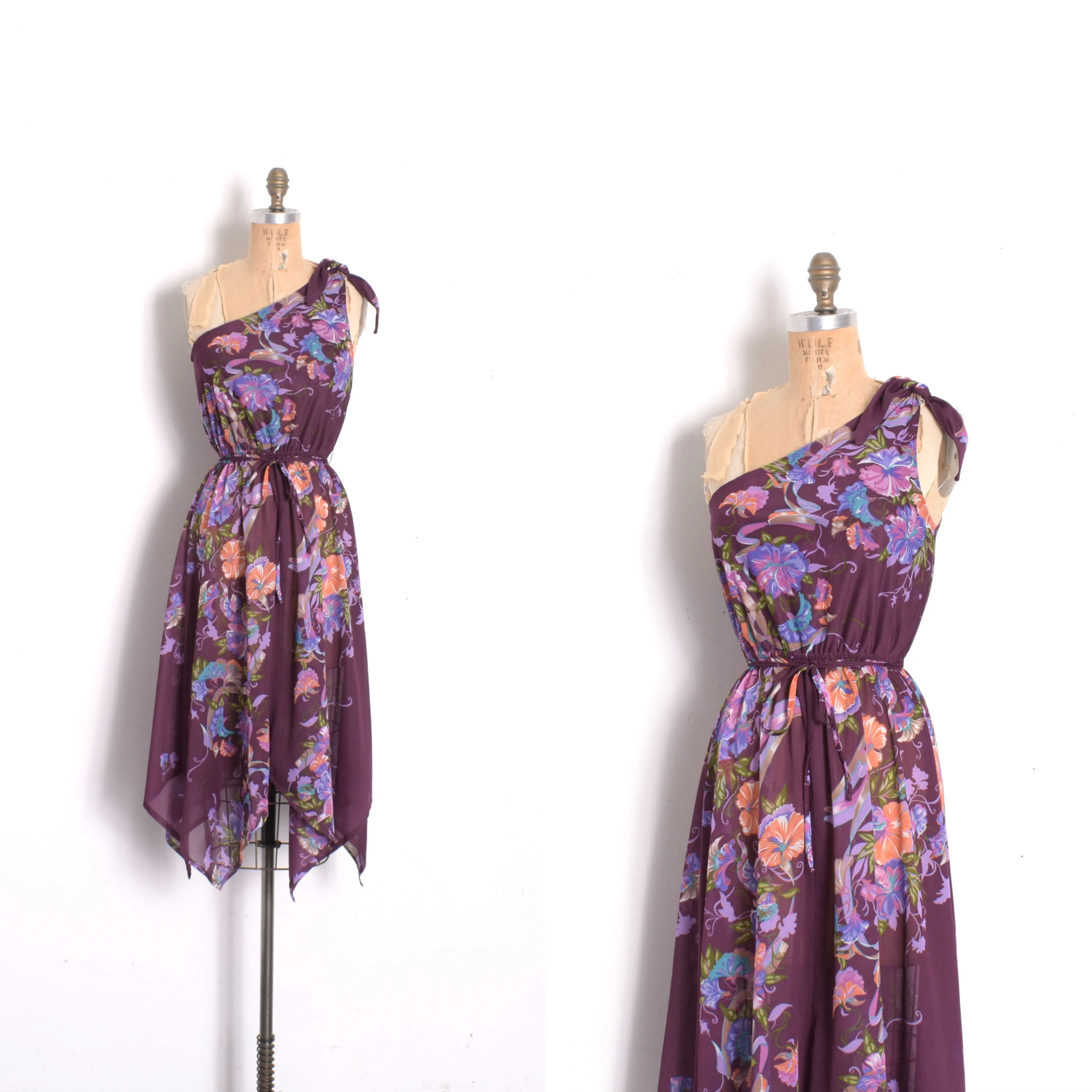 1970s One Shoulder Floral Dress-XS/S