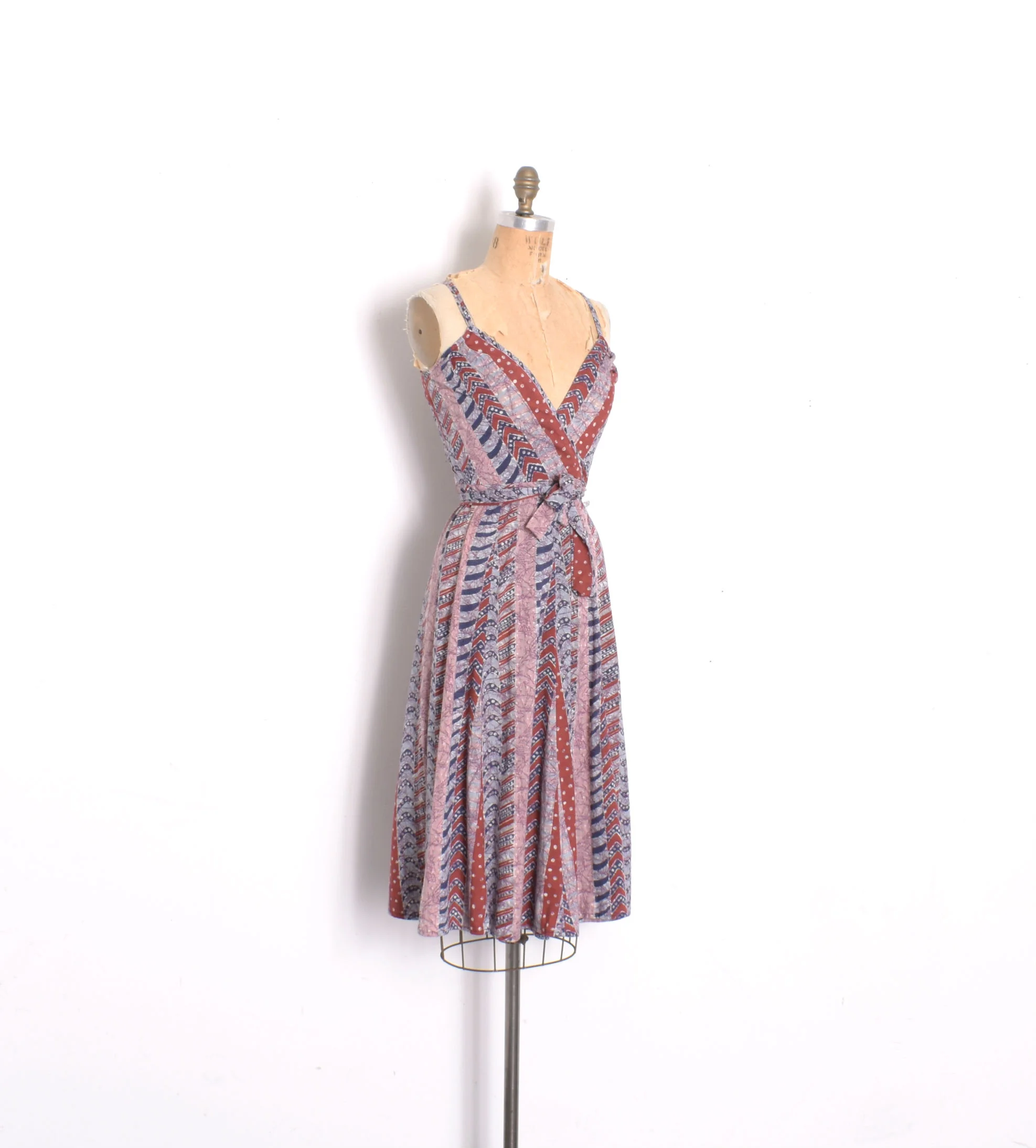 jersey wrap dress 70s Vtg 60s 70s Blue Jersey Wrap Gown Royal Victoria Beaded Dress Pockets M
