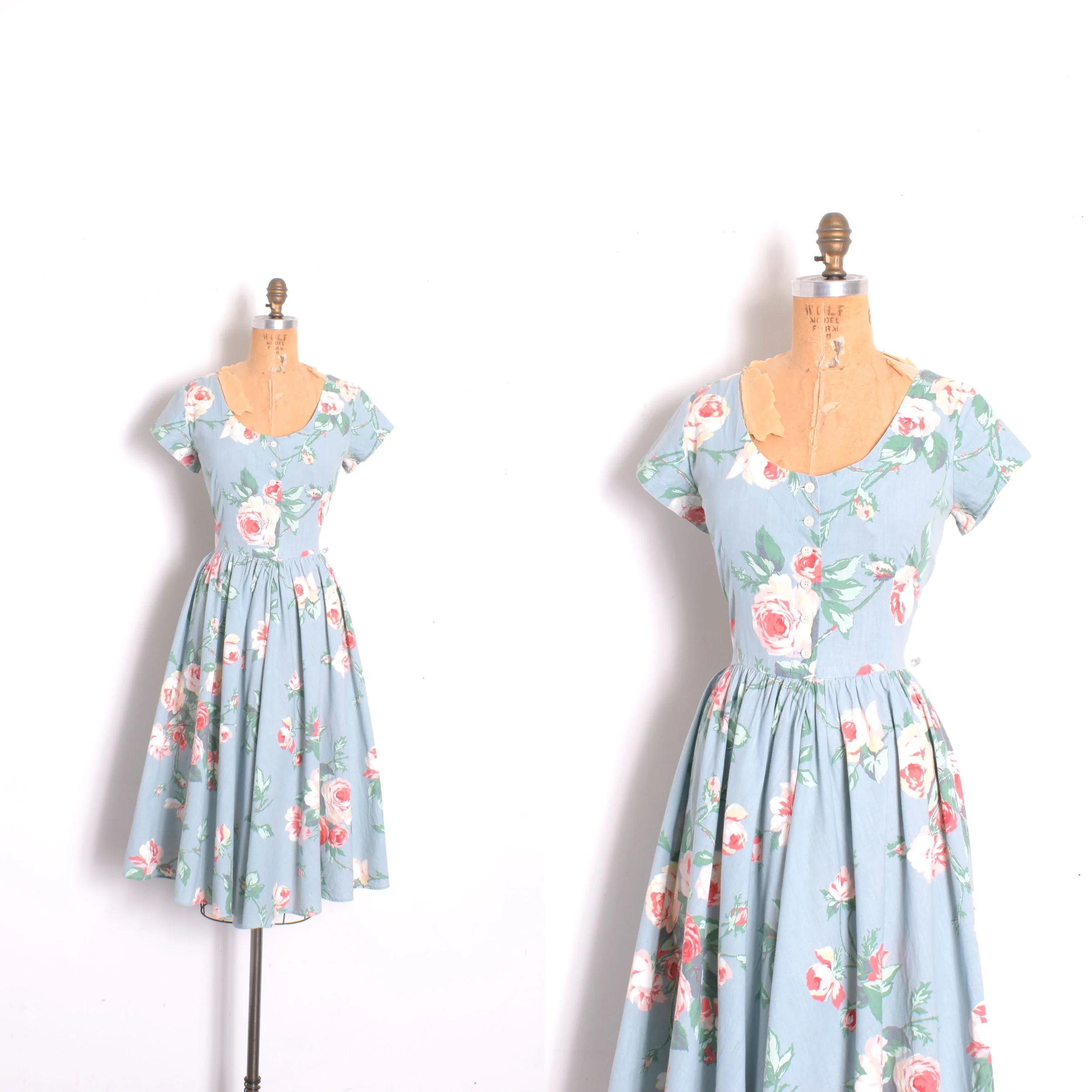 1980s Rose Print Cotton Fit and Flare Dress-large