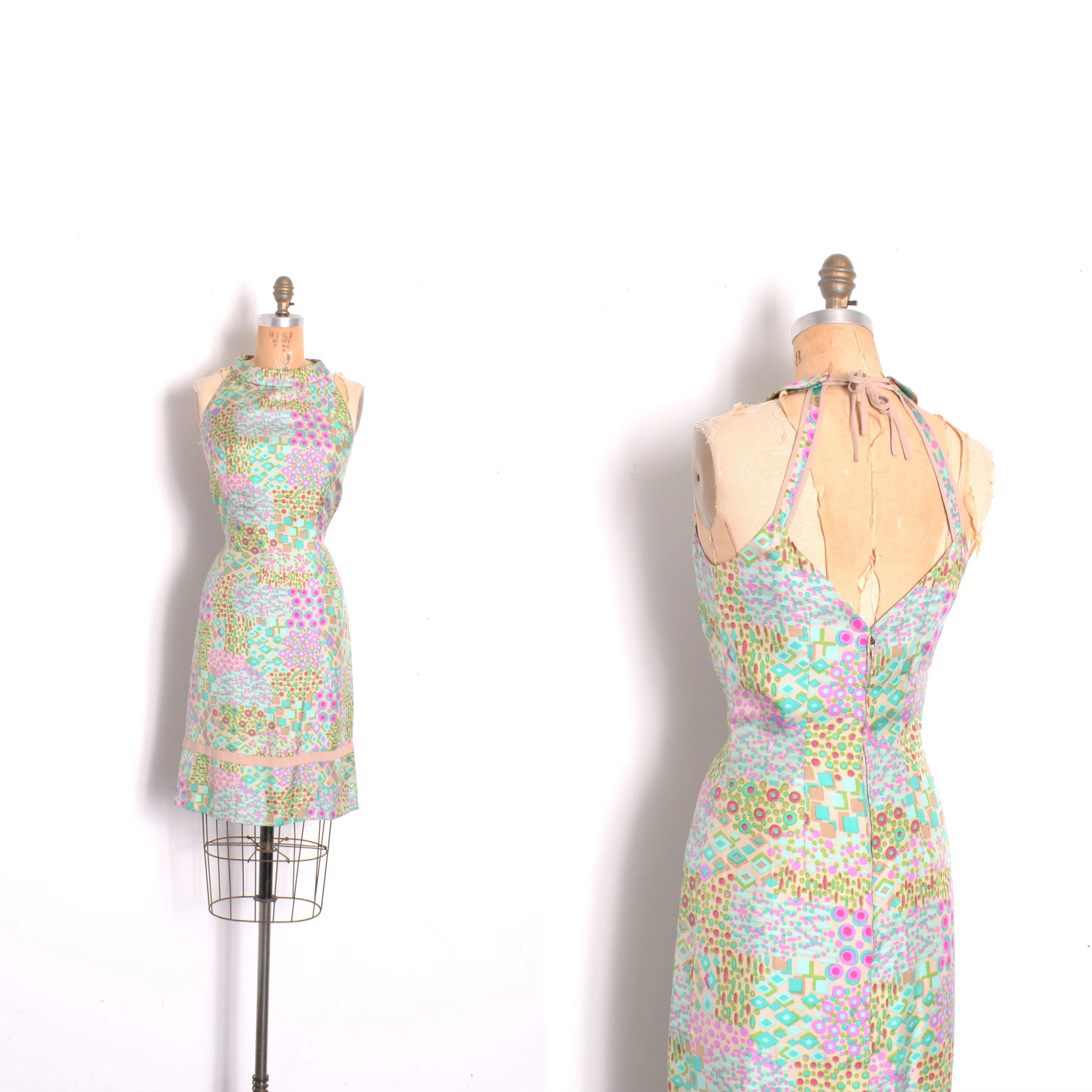 1960s Geometric Silk Backless Dress-small