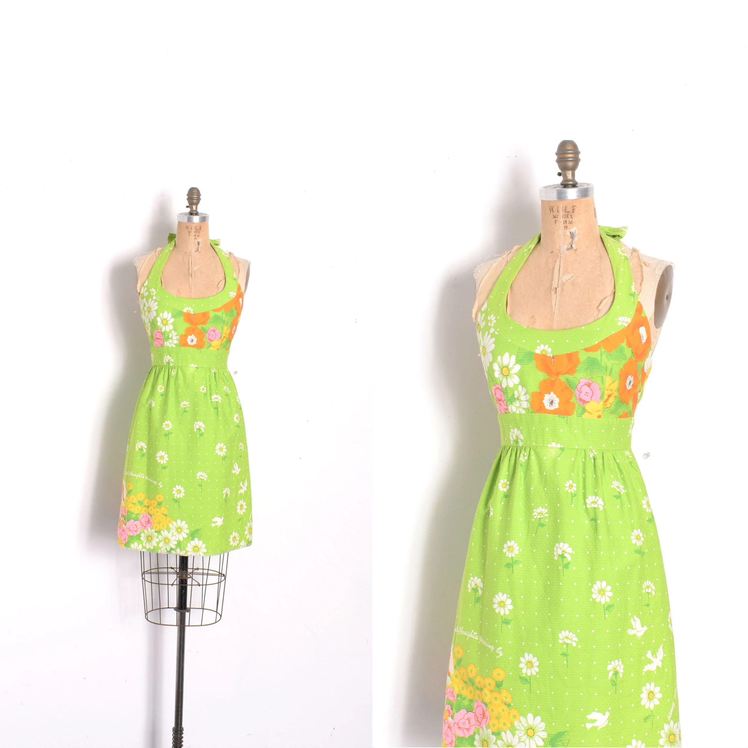 1960s Lime Green Daisy Halter Dress-XS  La Poubelle Vintage