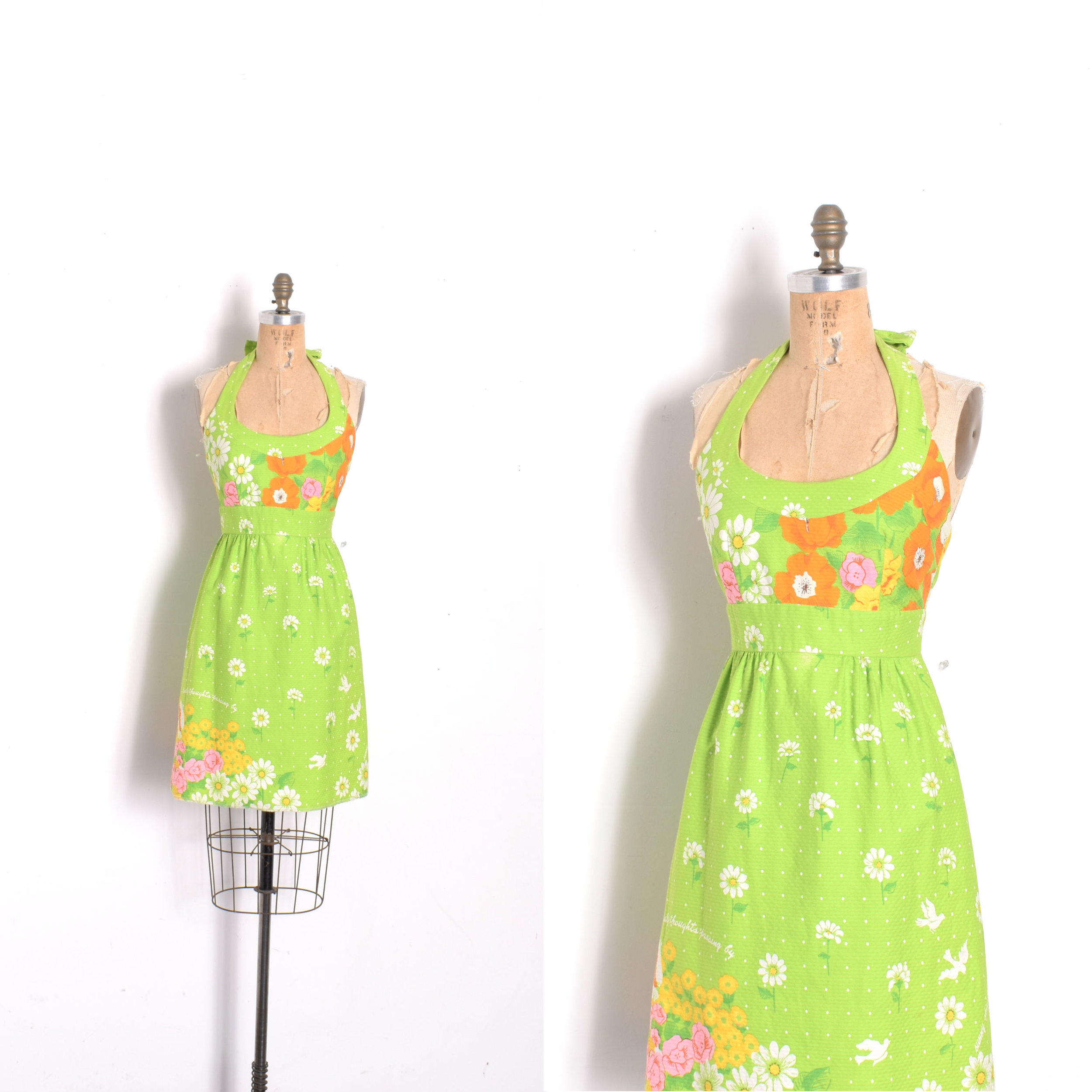 1960s Lime Green Daisy Halter Dress-XS