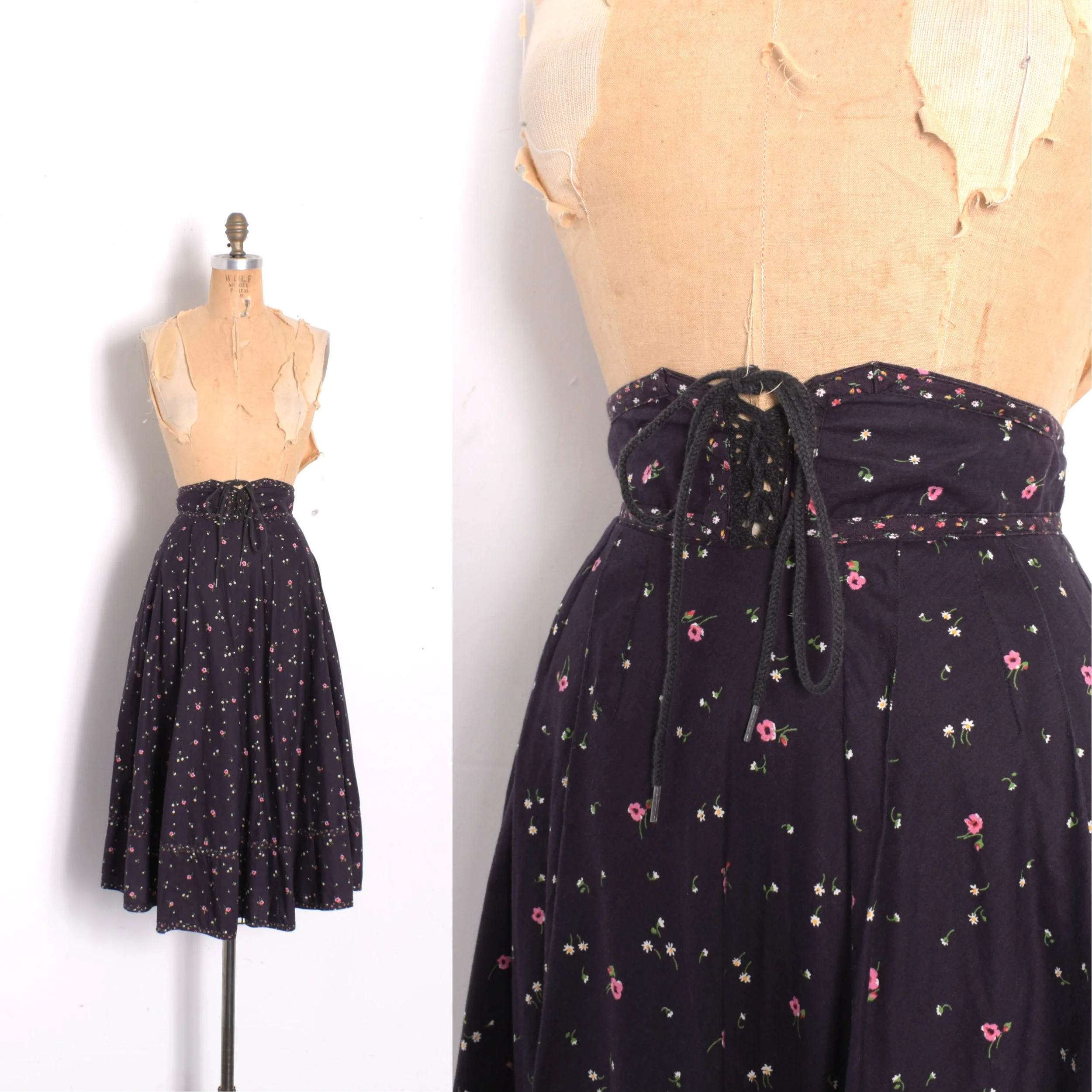 1970s Tiny Floral Print Lace-Up Skirt-XS