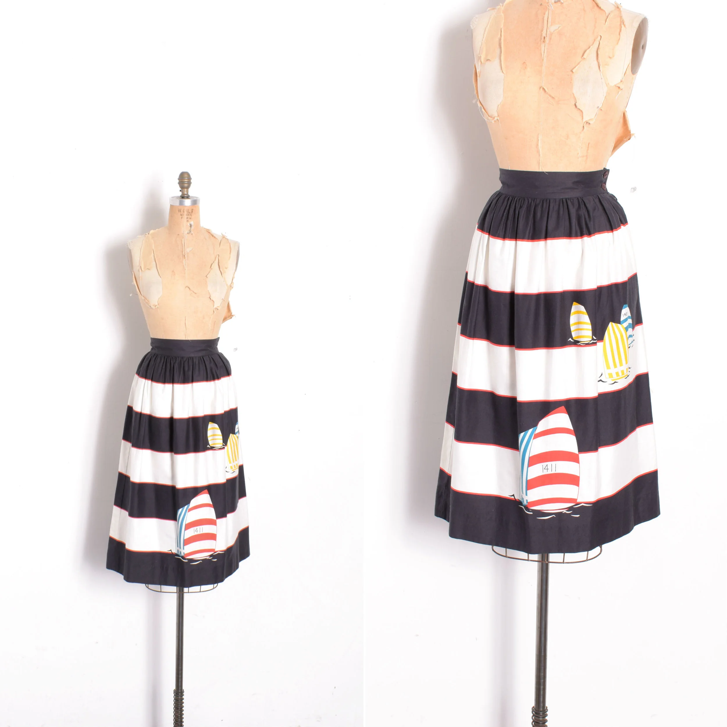 1980s Sailboat Striped Cotton Skirt-XS