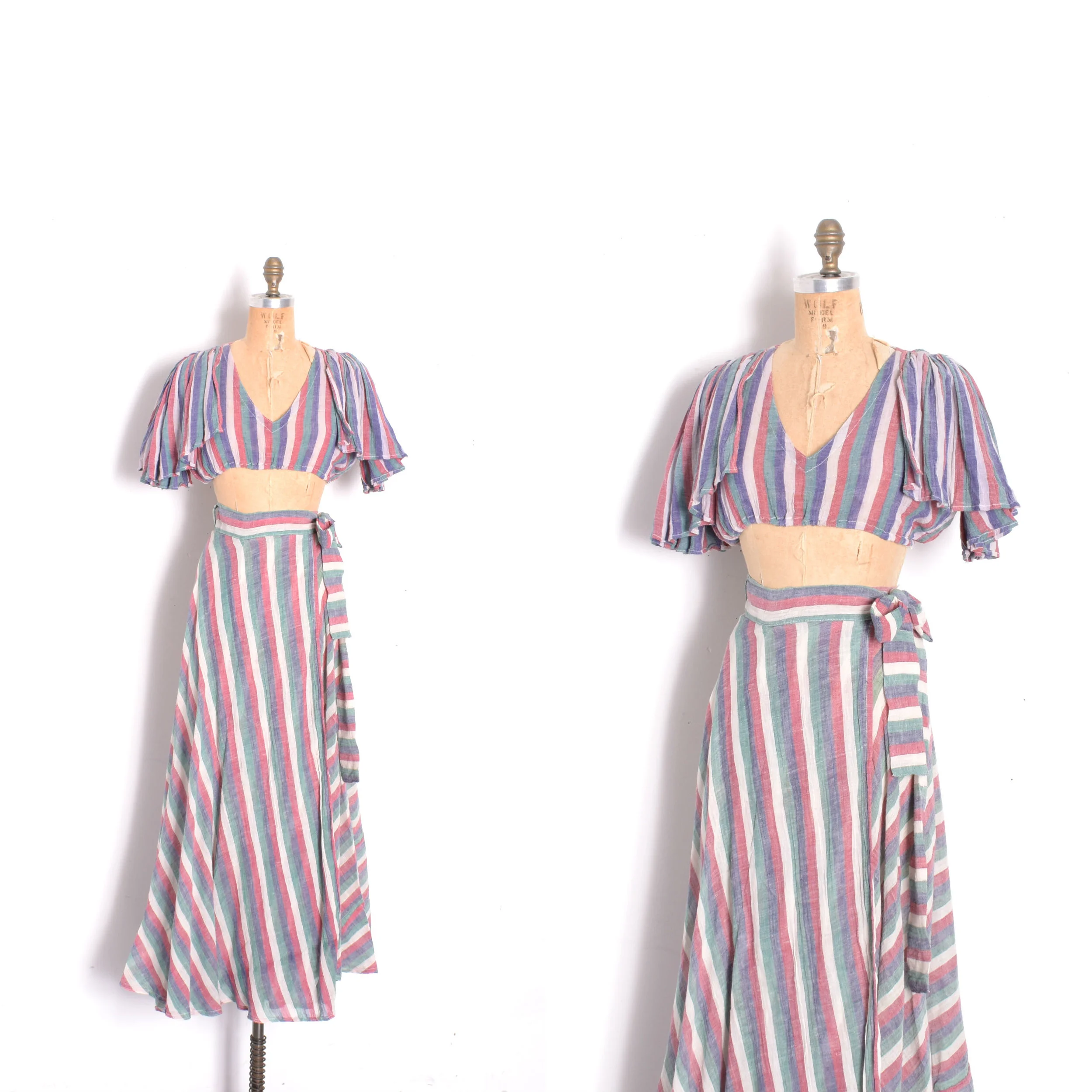 Deadstock 1970s Blue and Green Striped Crop Top Wrap Skirt Set-XS/S/M