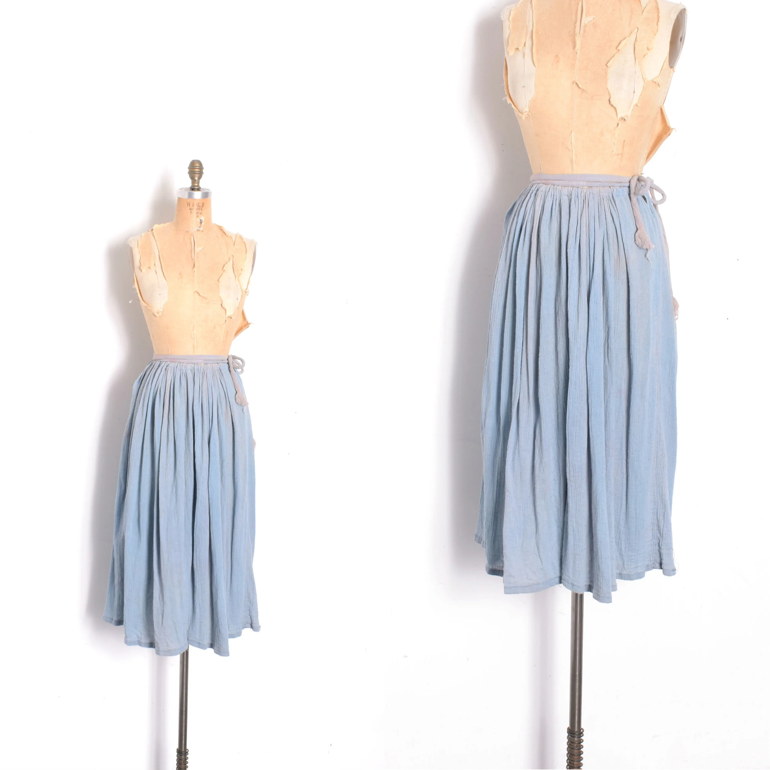 Deadstock 1970s Ombre Blue Drawstring Cotton Skirt-XS-XL
