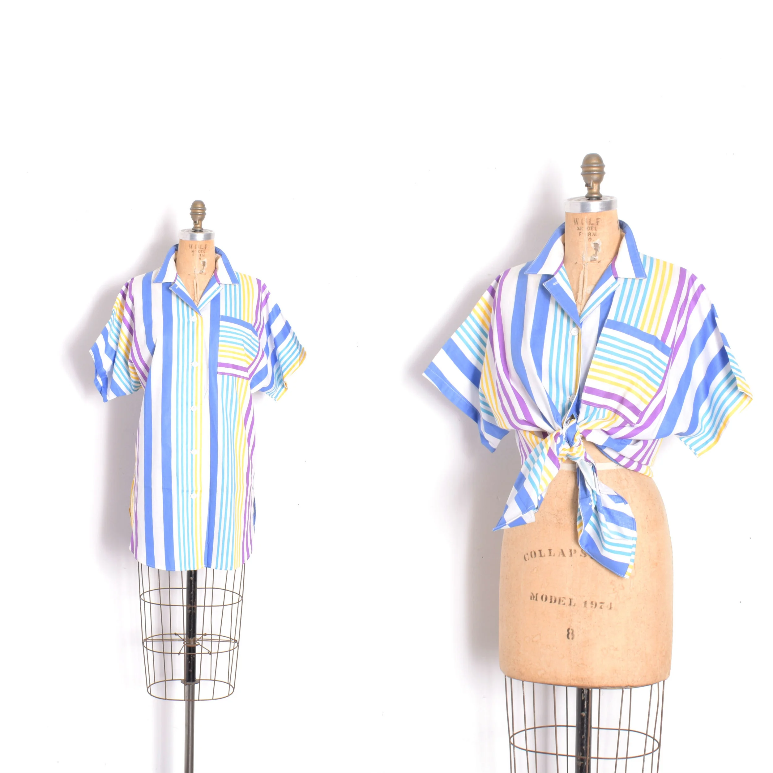 Deadstock 1980s Blue Striped Cotton Button Up-S/M/L