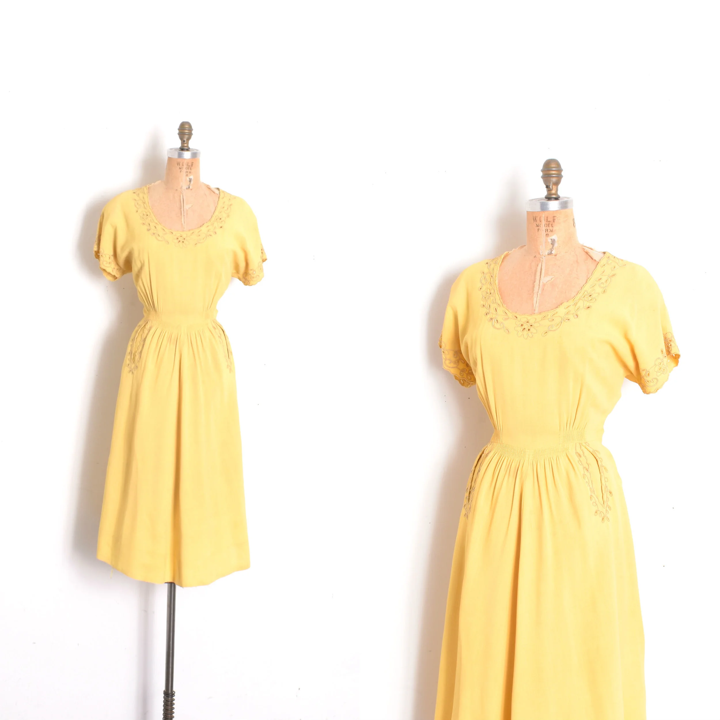 1940s Mustard Rayon Floral Cutout Dress-medium