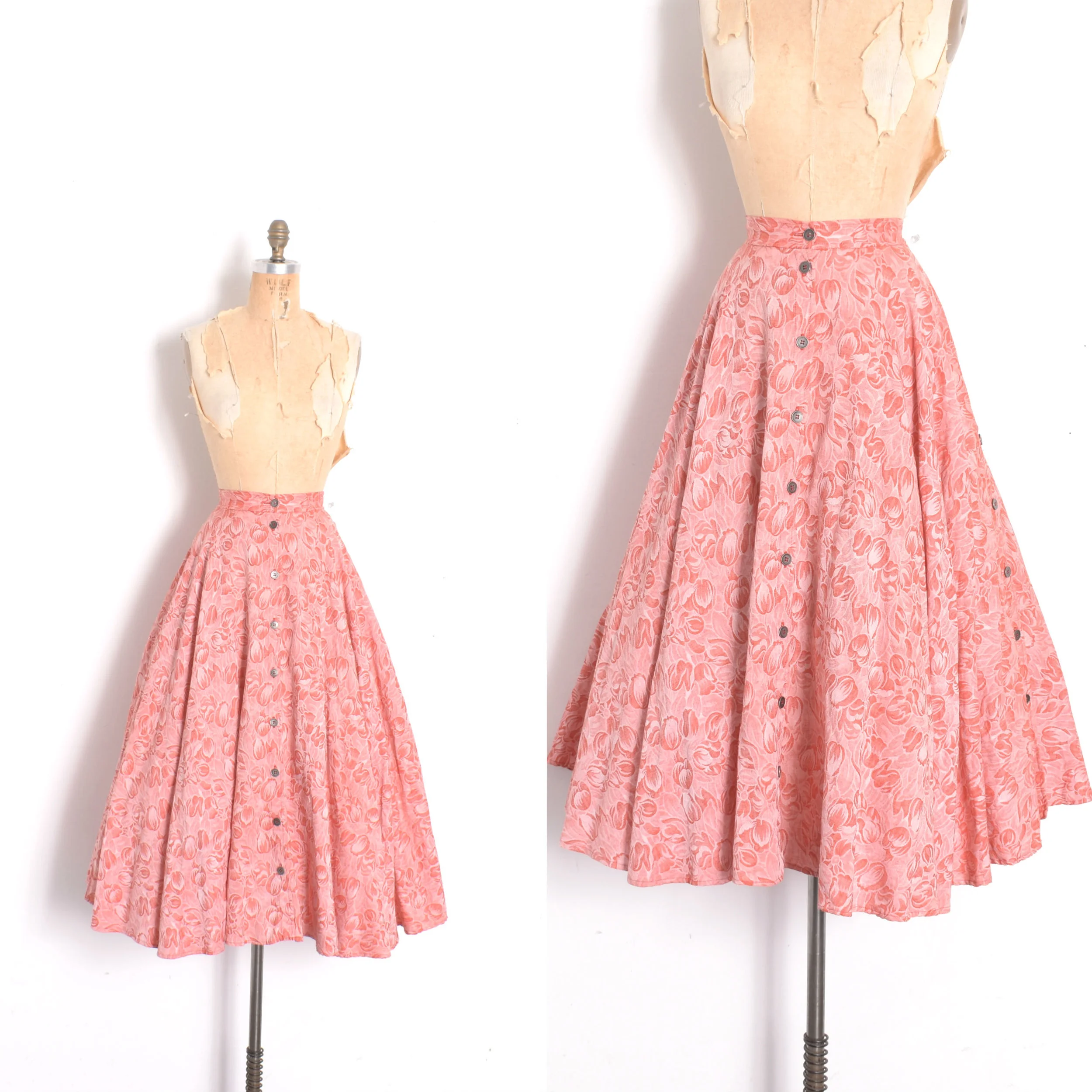 1980s tulip print button up full skirt