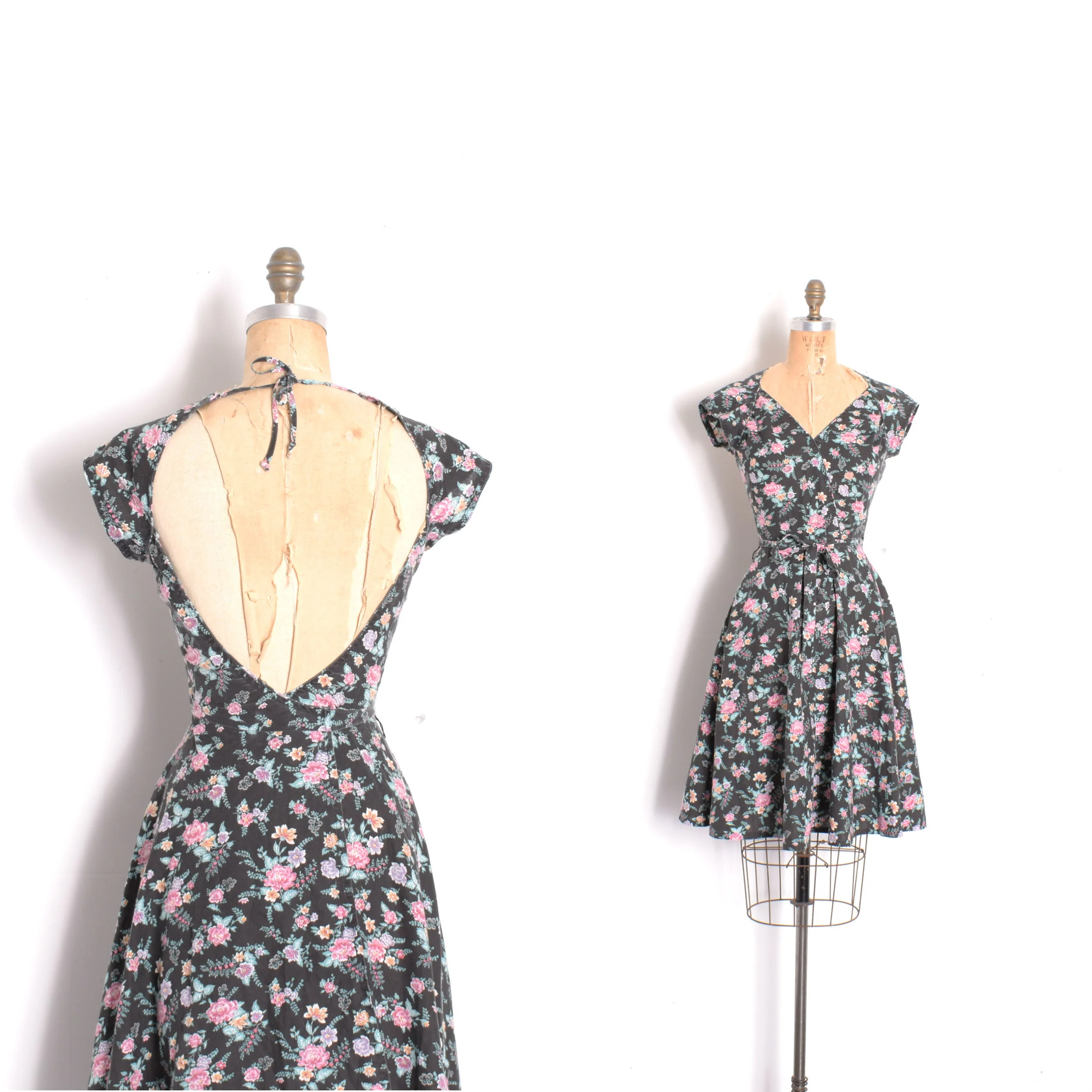 1970s Open Back Apron Wrap Dress-XS