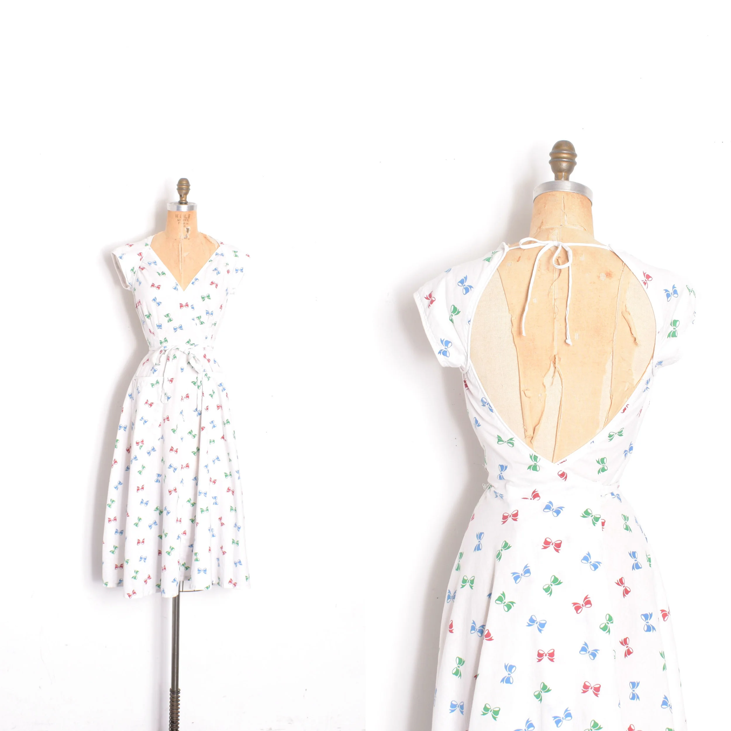 1970s Bow Print Backless Wrap Dress-XS/S