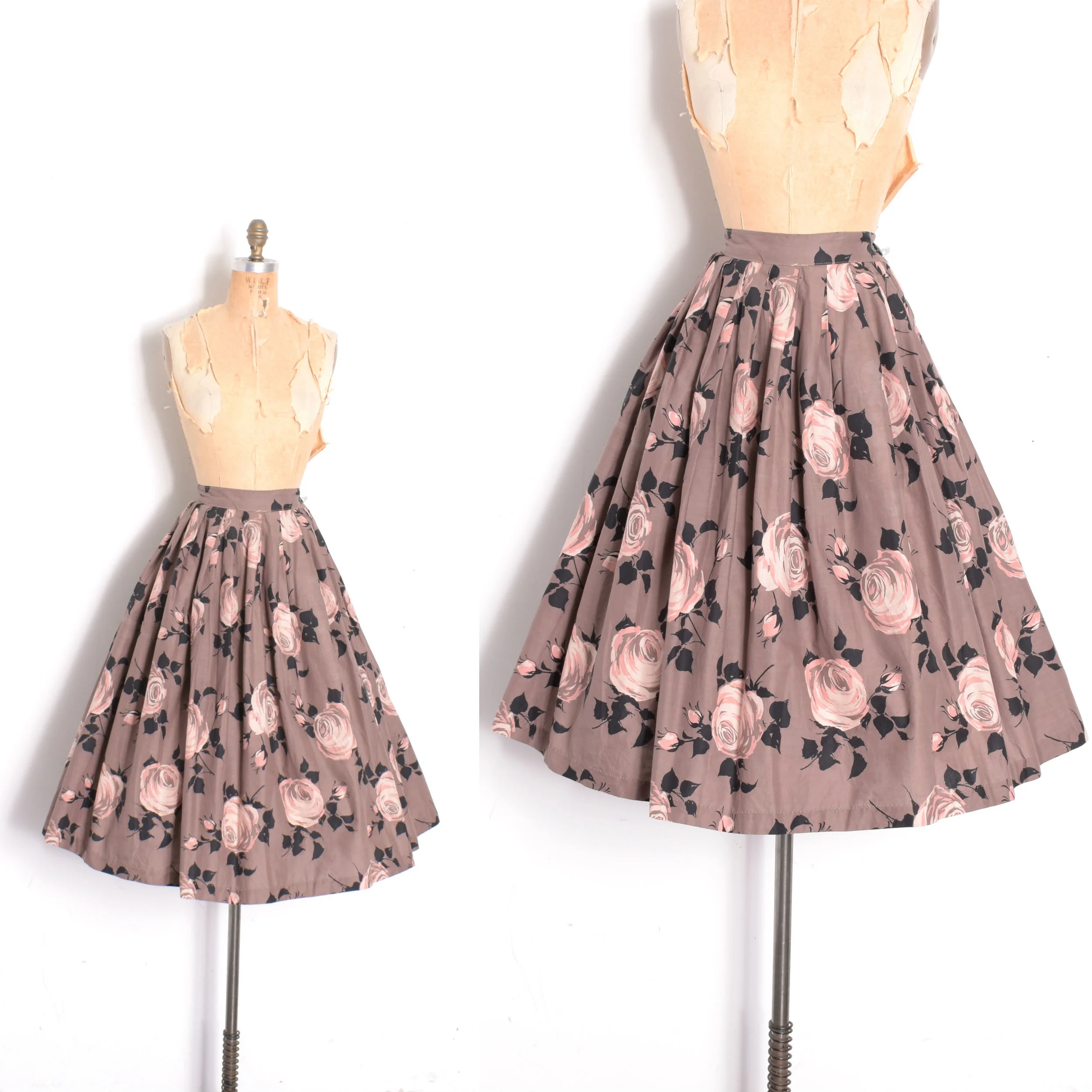 1950s Rose Print Cotton Skirt-medium