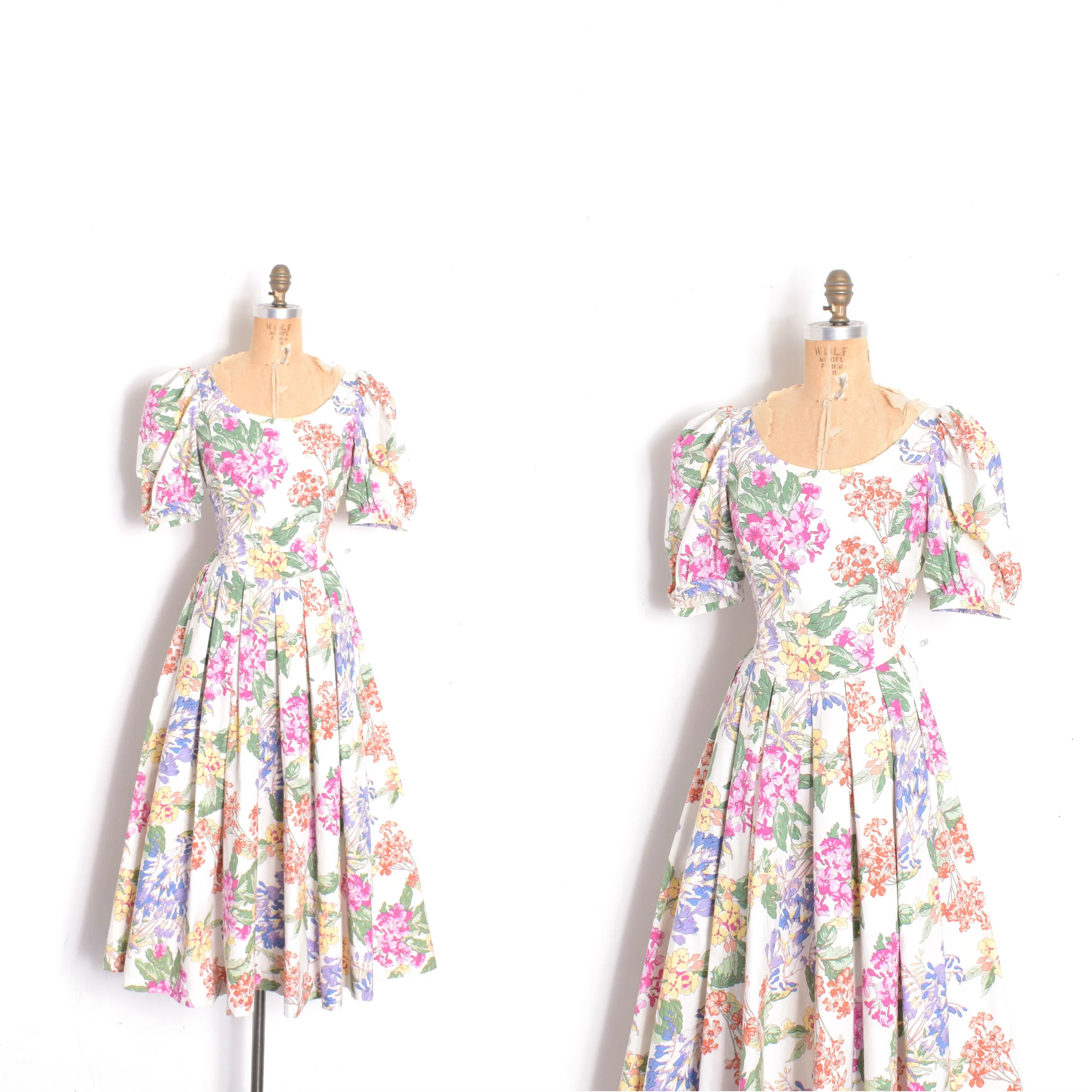 1980s Floral Puff Sleeve Cotton Dress-medium