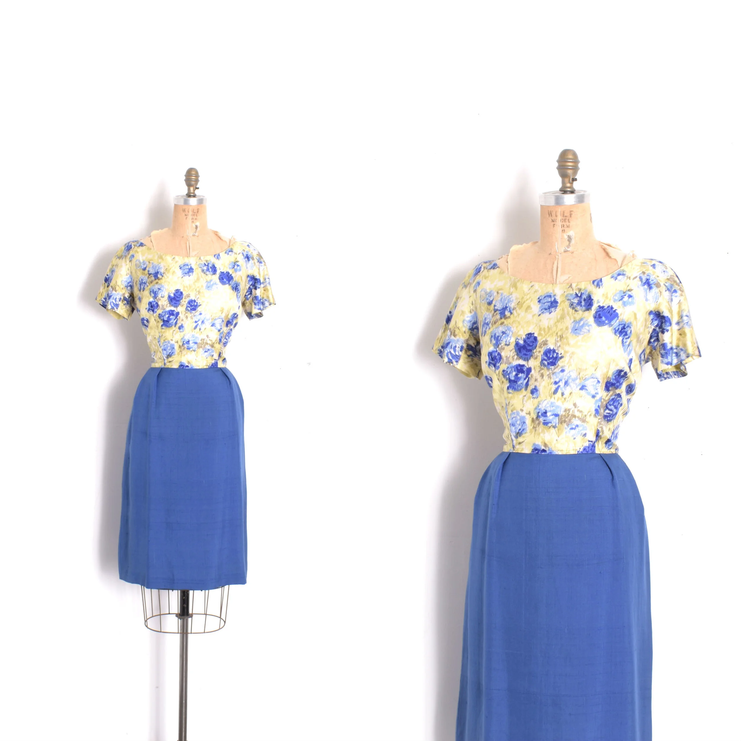 1950s Rose Print Silk Wiggle Dress-medium