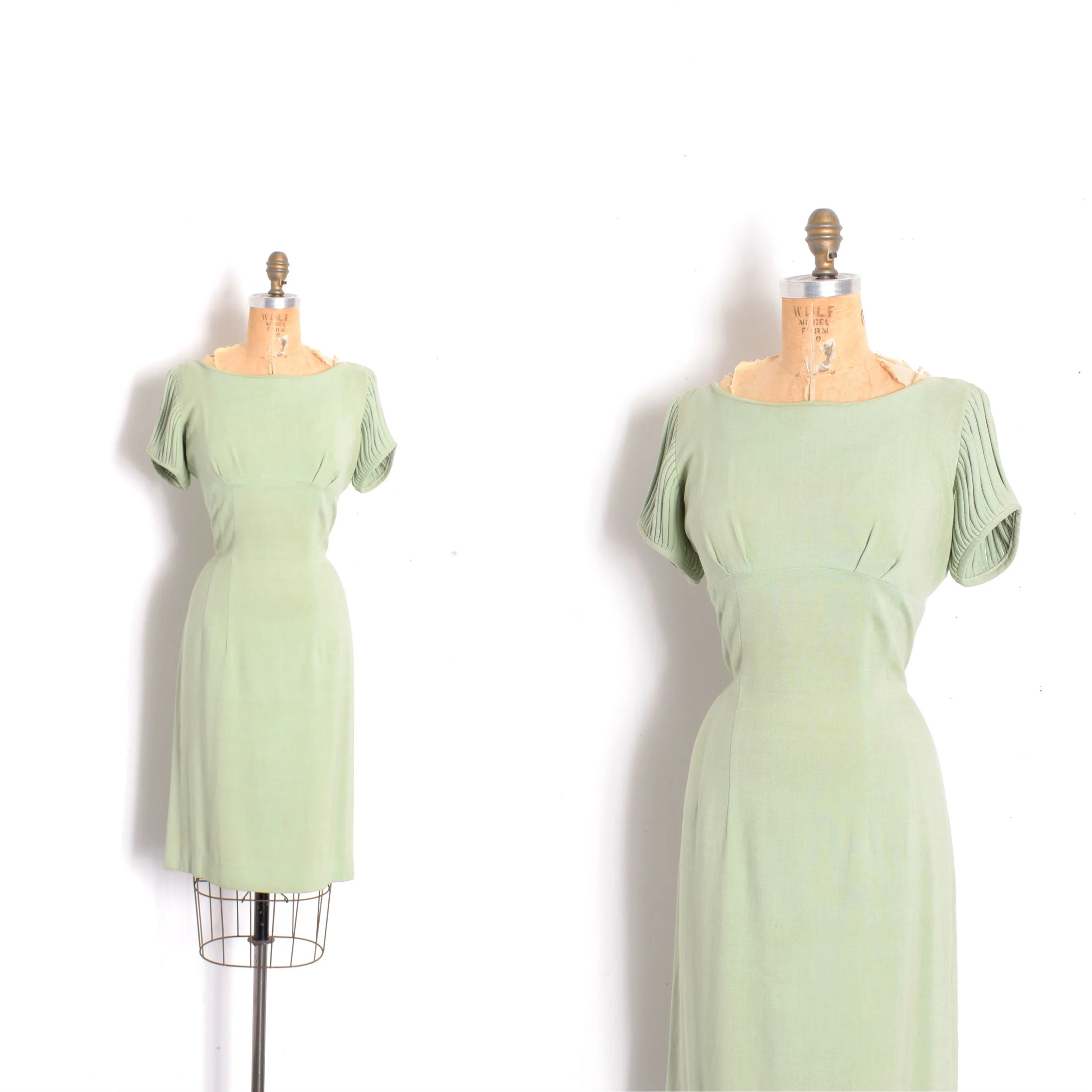 1960s Sage Cotton Dress with Cutout Sleeves-medium