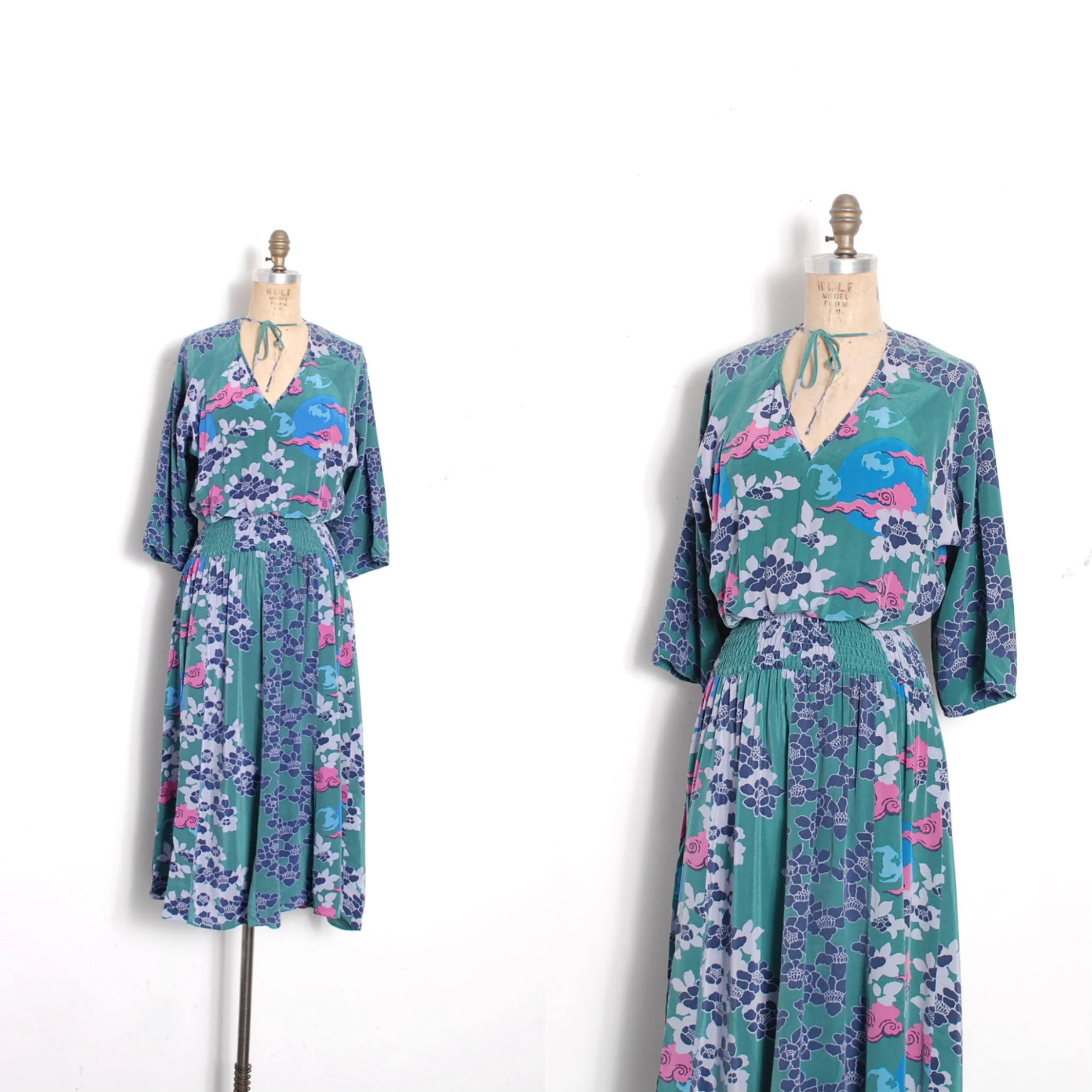 1980s Diane Freis Washed Silk Floral Dress-S/M/L