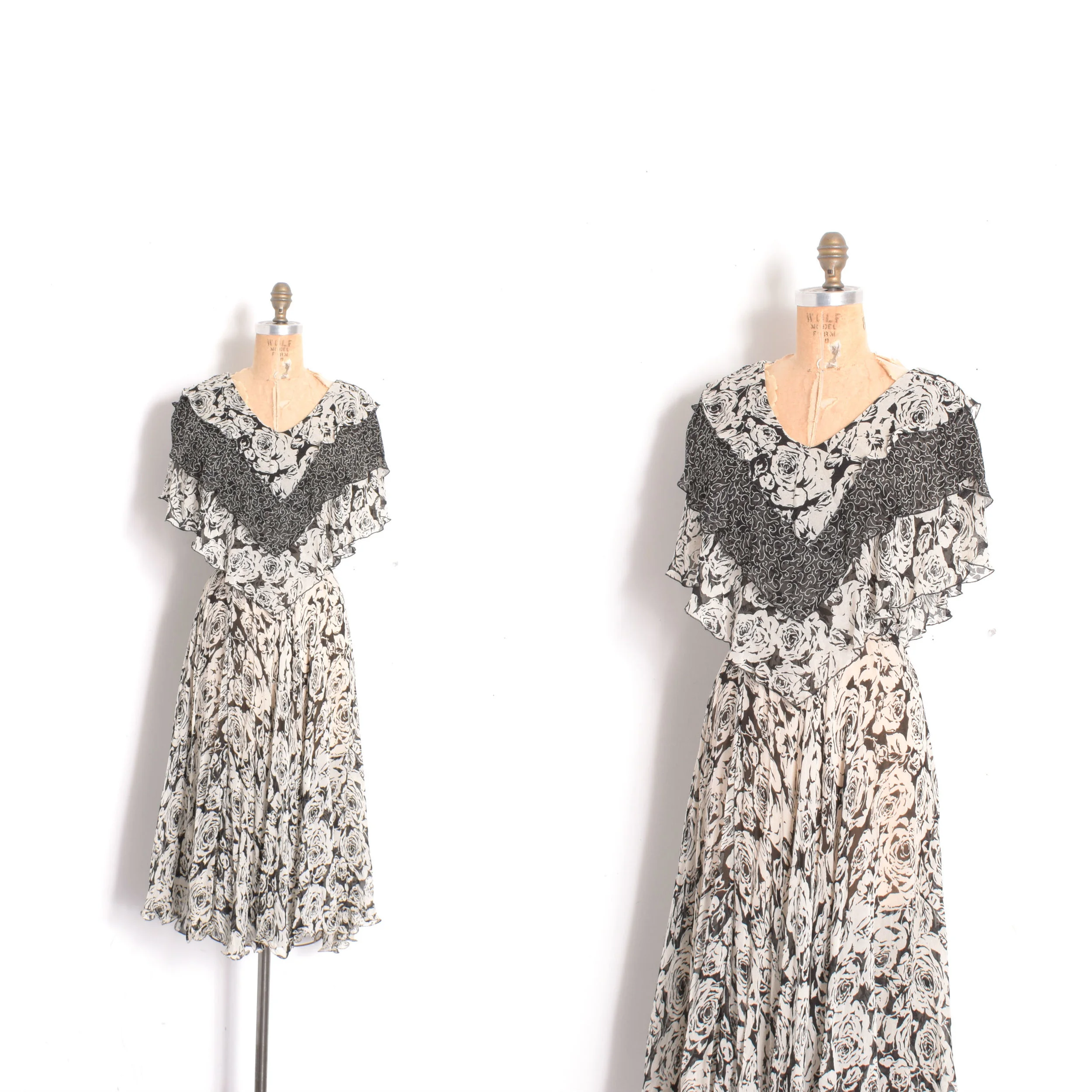 1980s Floral Chiffon Capelet Dress-S/M/L