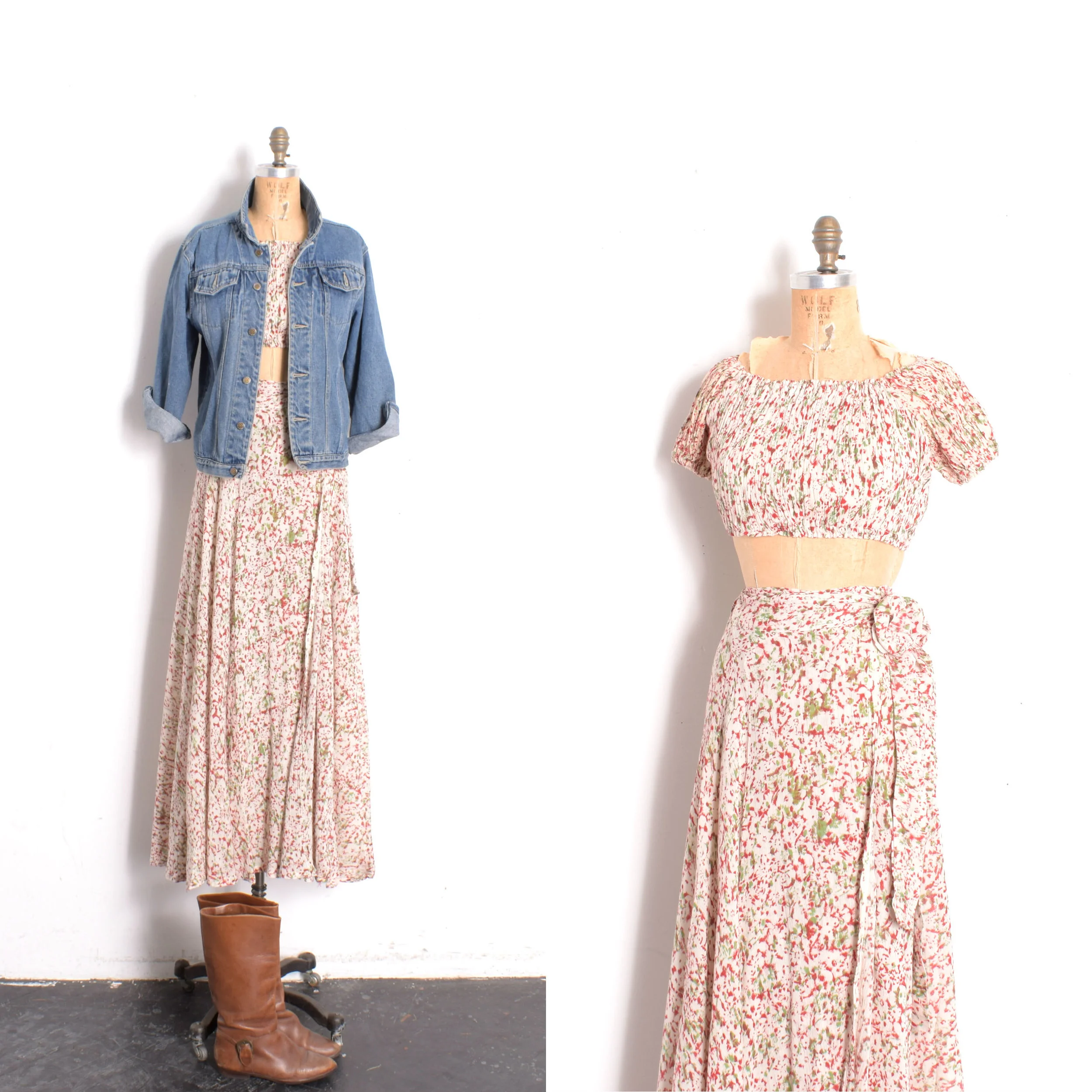 Deadstock Green 1970s Tie Dye Crop Top & Skirt Set-XS/S/M