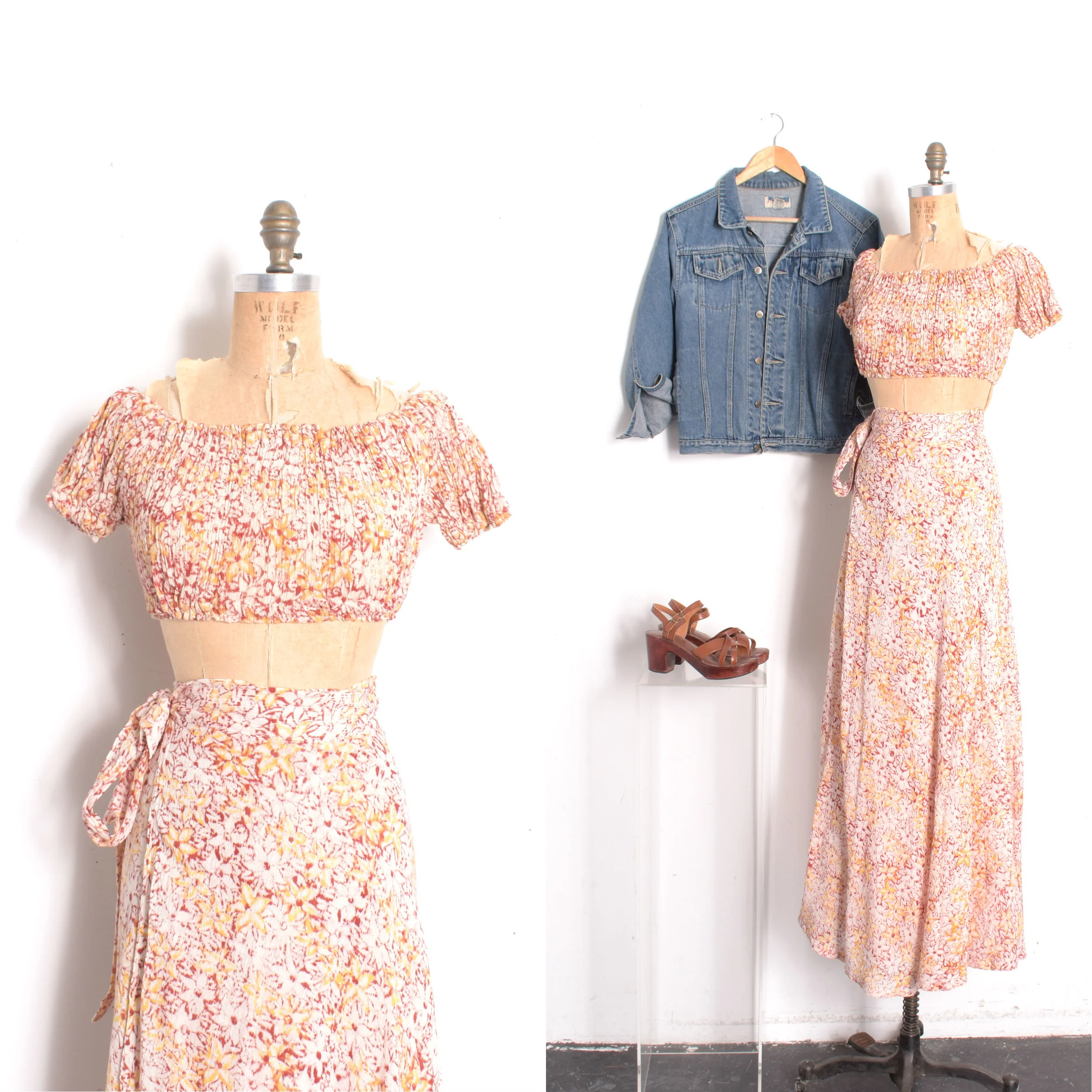 Deadstock 1970s Red Tie Dye Crop Top & Wrap Skirt Set-XS/S/M