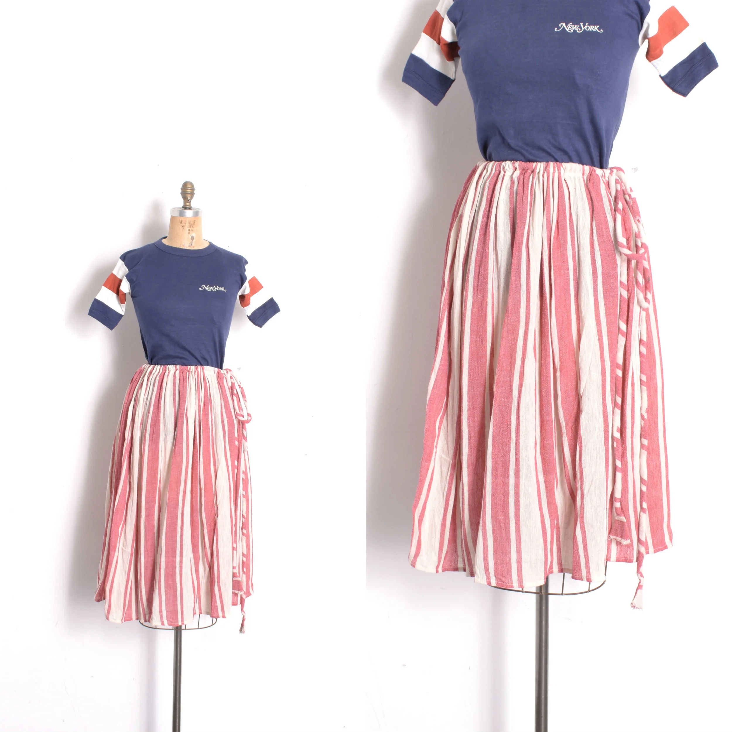 Deadstock 1970s Red Striped Drawstring Cotton Skirt-XS-XL