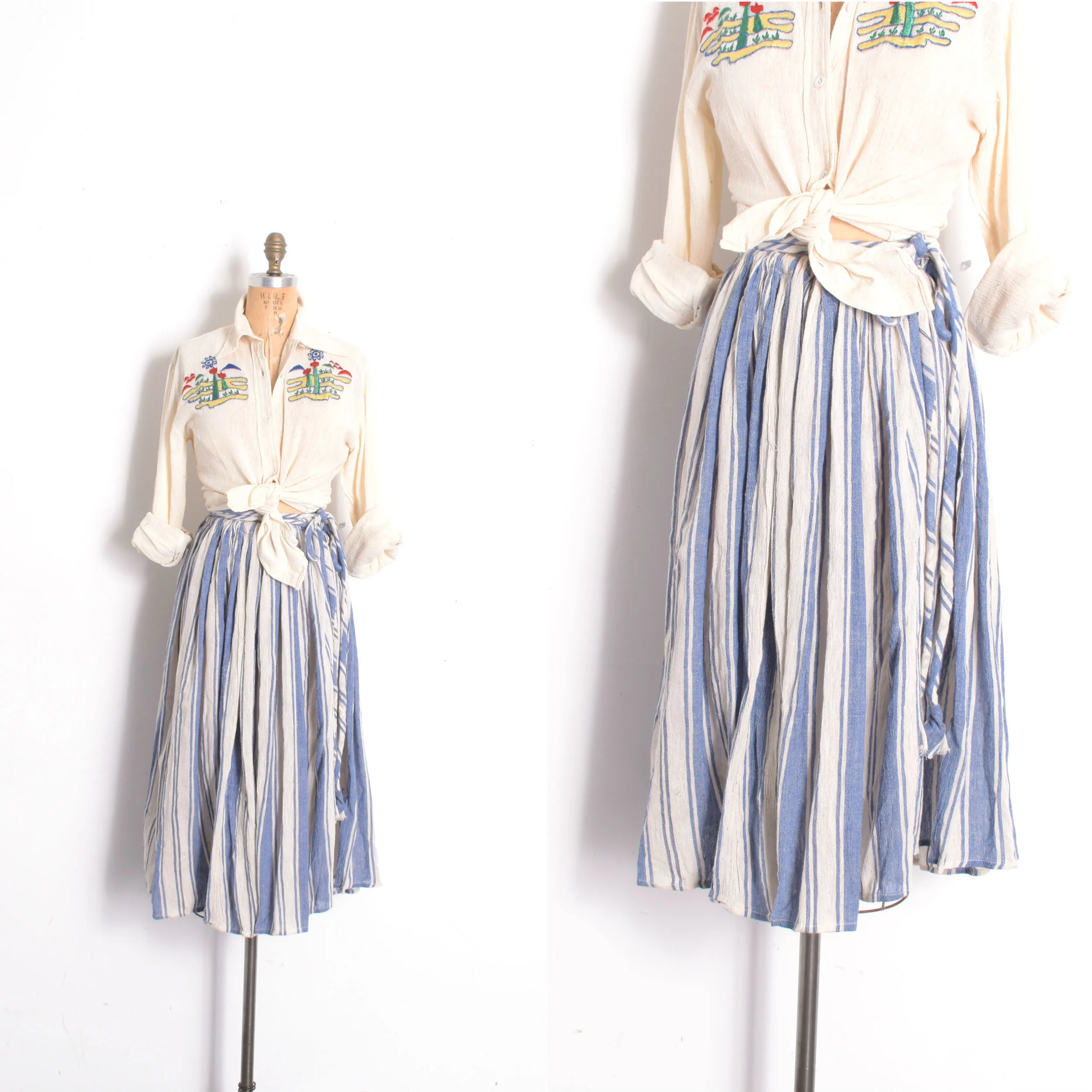 Deadstock 1970s Blue Striped Drawstring Cotton Skirt-XS-XL