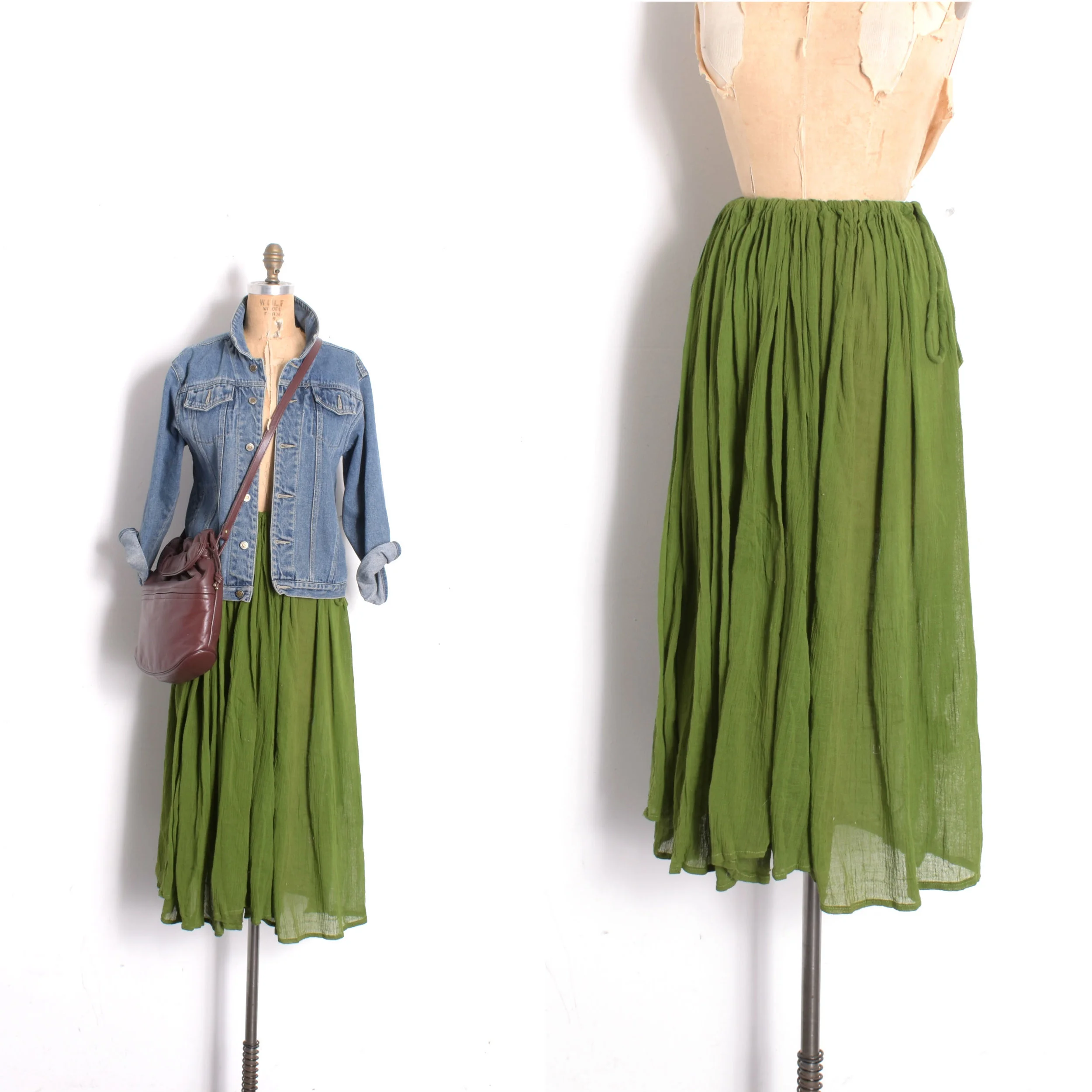 Deadstock 1970s Green Drawstring Cotton Skirt-XS-XL