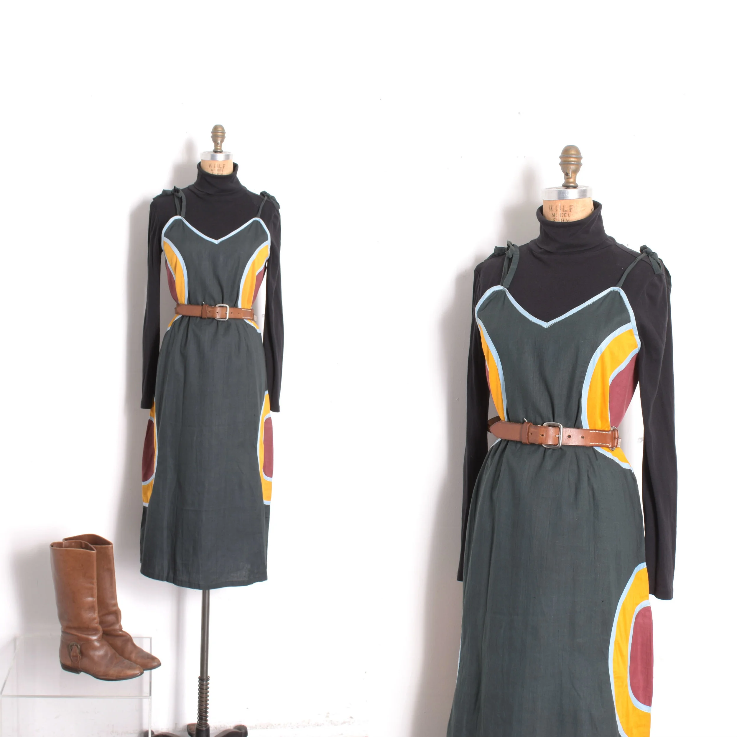 Deadstock 1970s Gray & Mustard Bullseye Dress-medium