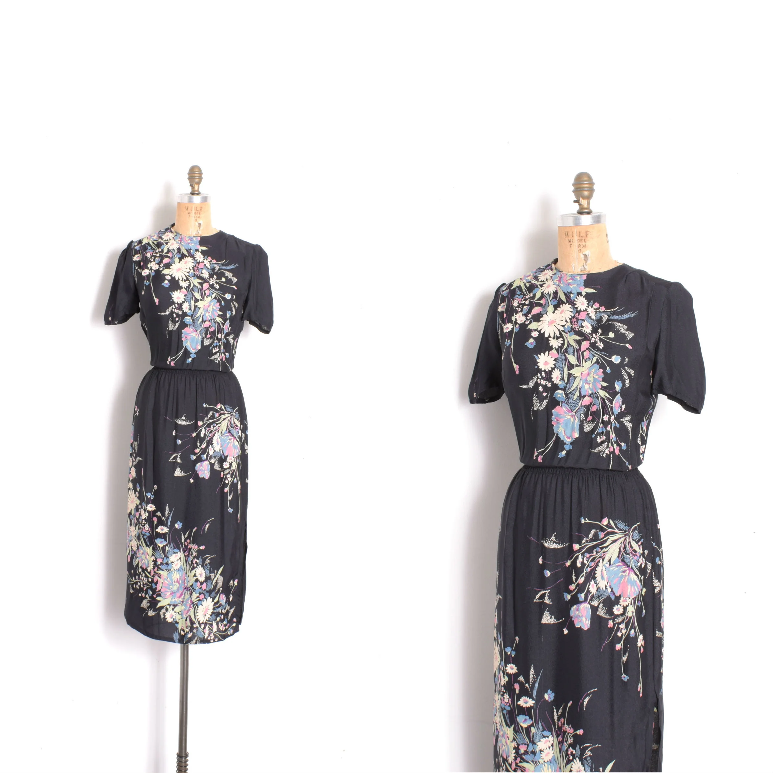 1970s Dark Floral Rayon Dress-S/M