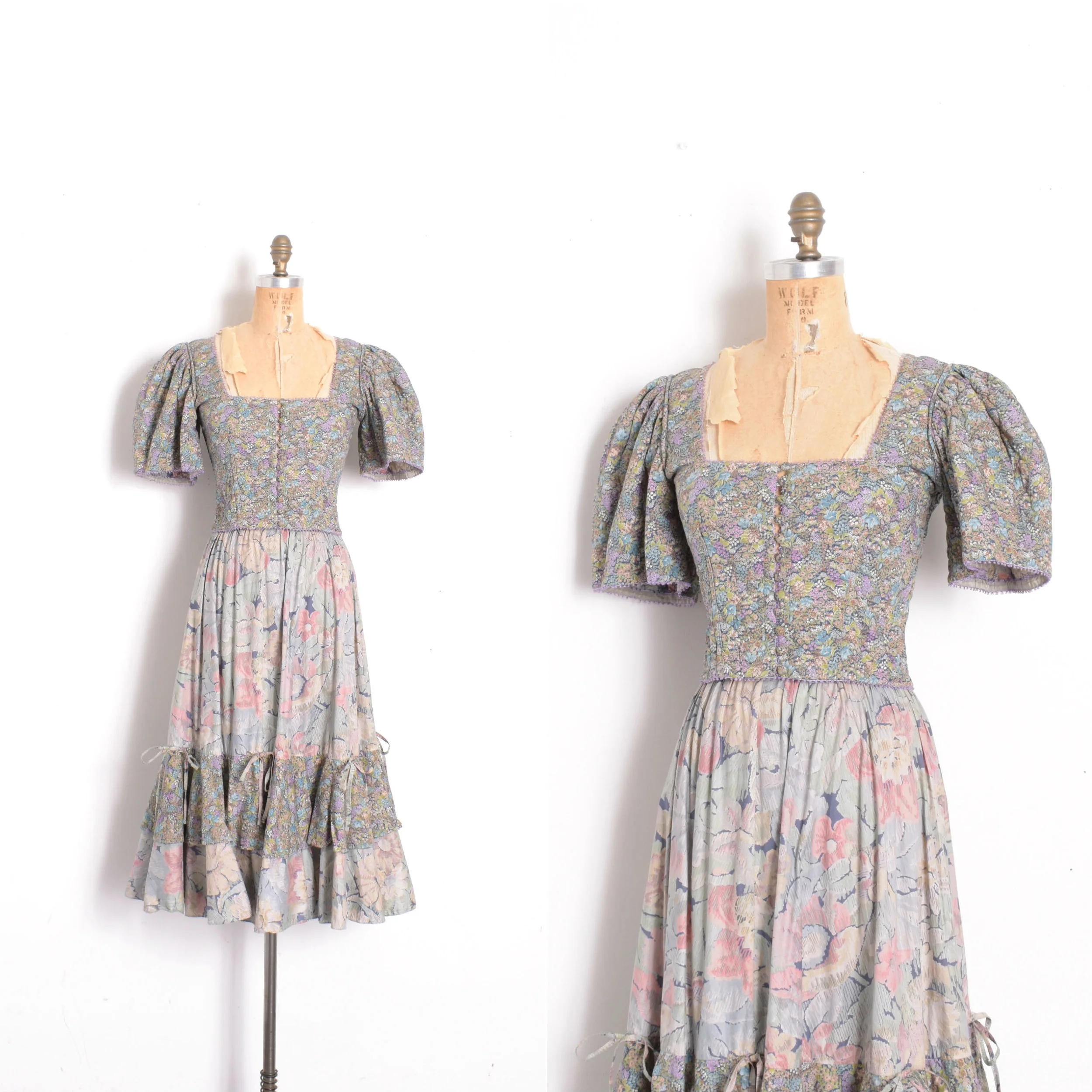 1970s Quilted Cotton Puff Sleeve Two-Piece-XS