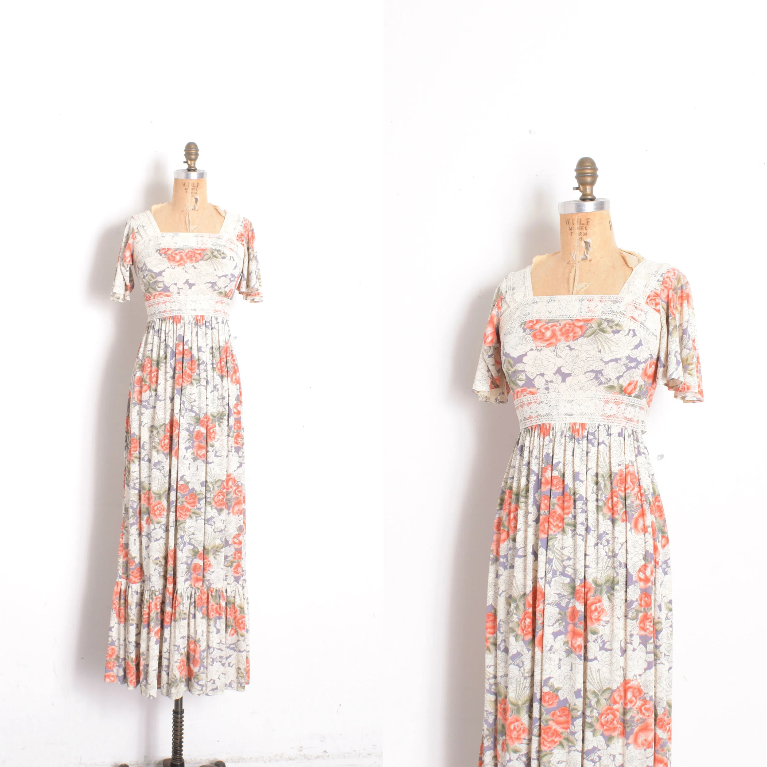 1970s Rose Print Jersey Maxi Dress-XS