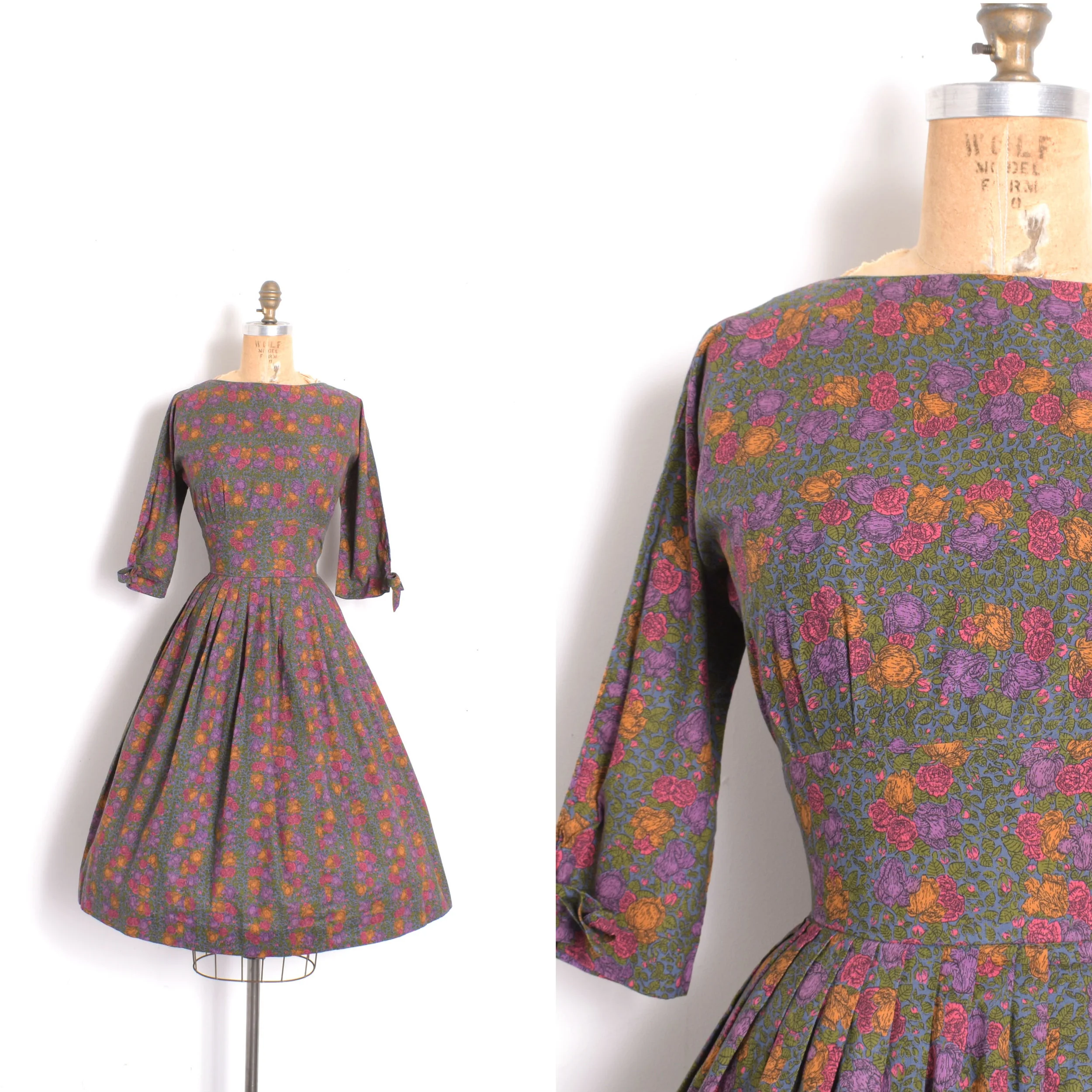 1950s Autumnal Rose Print Dress-small
