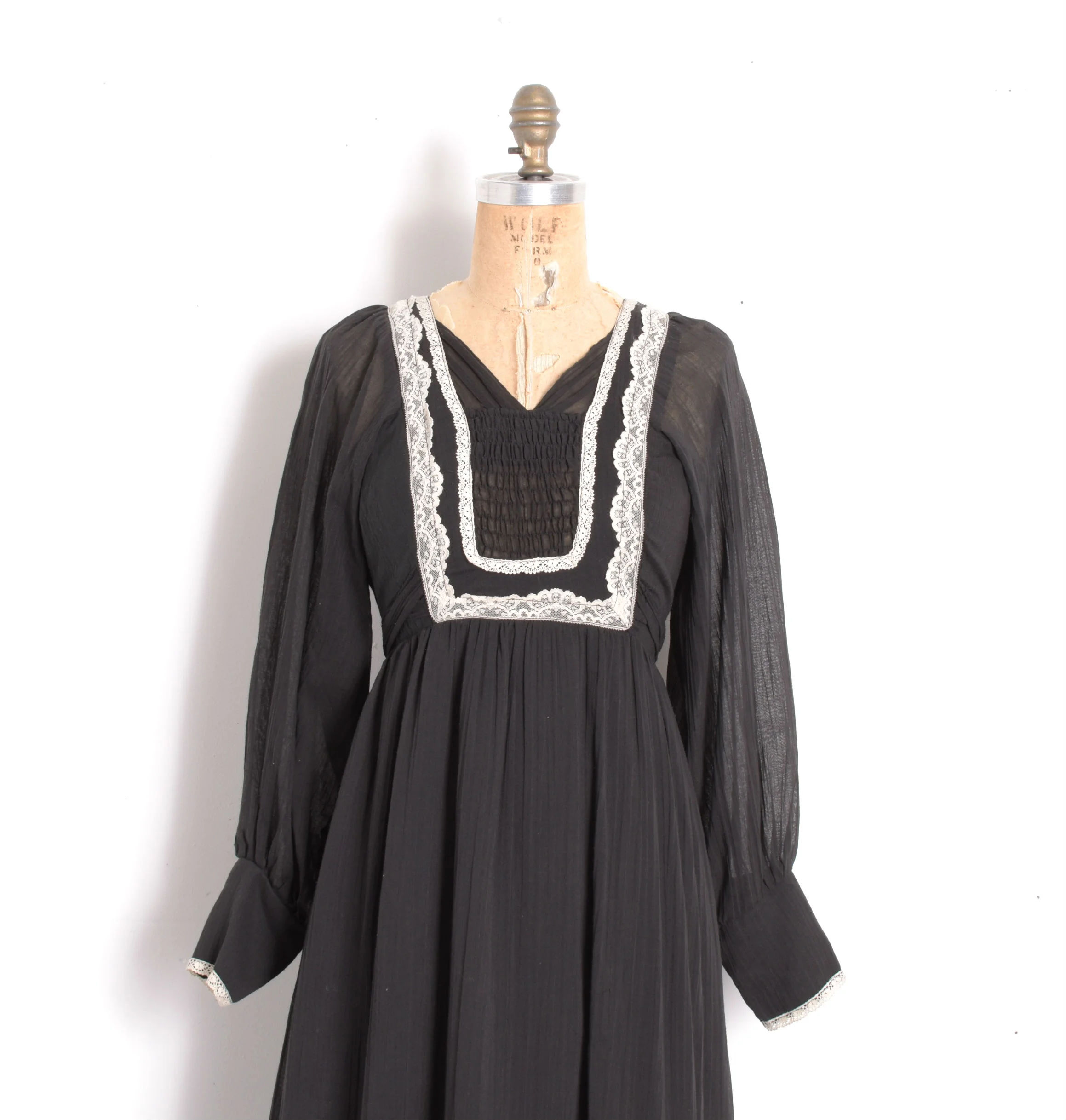 1970s Black Gauze Peasant Dress-small  La Poubelle Vintage
