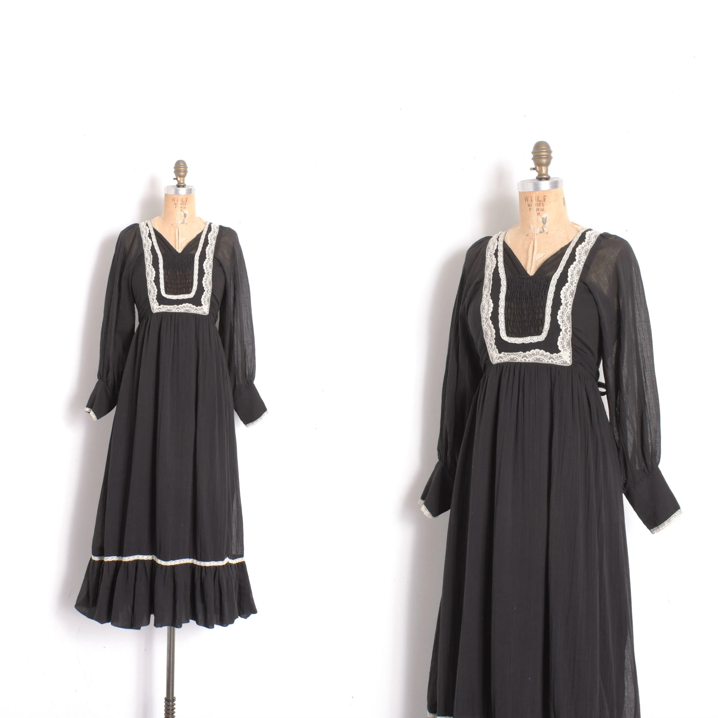 1970s Black Gauze Peasant Dress-small
