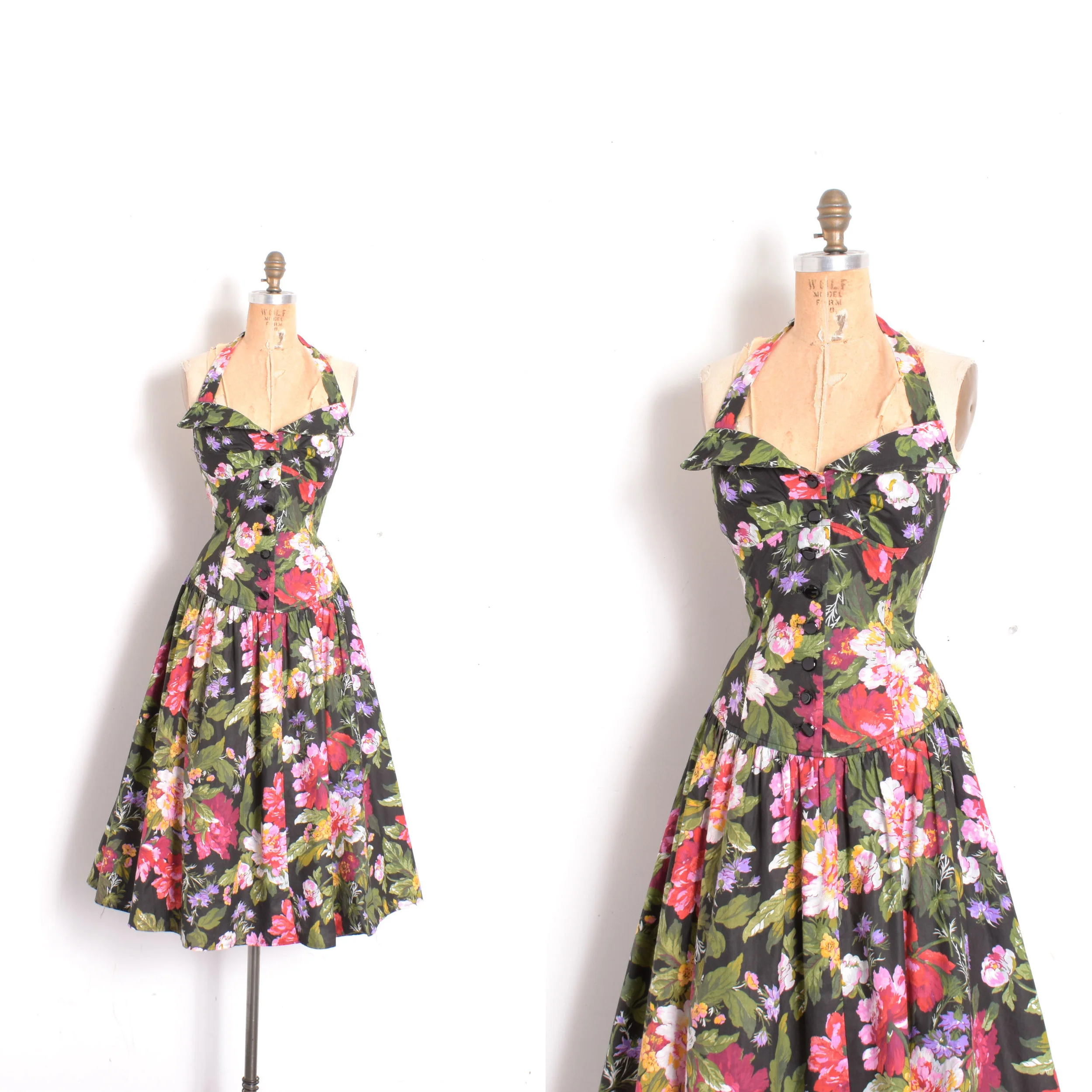 1980s Dark Floral Halter Dress-S/M