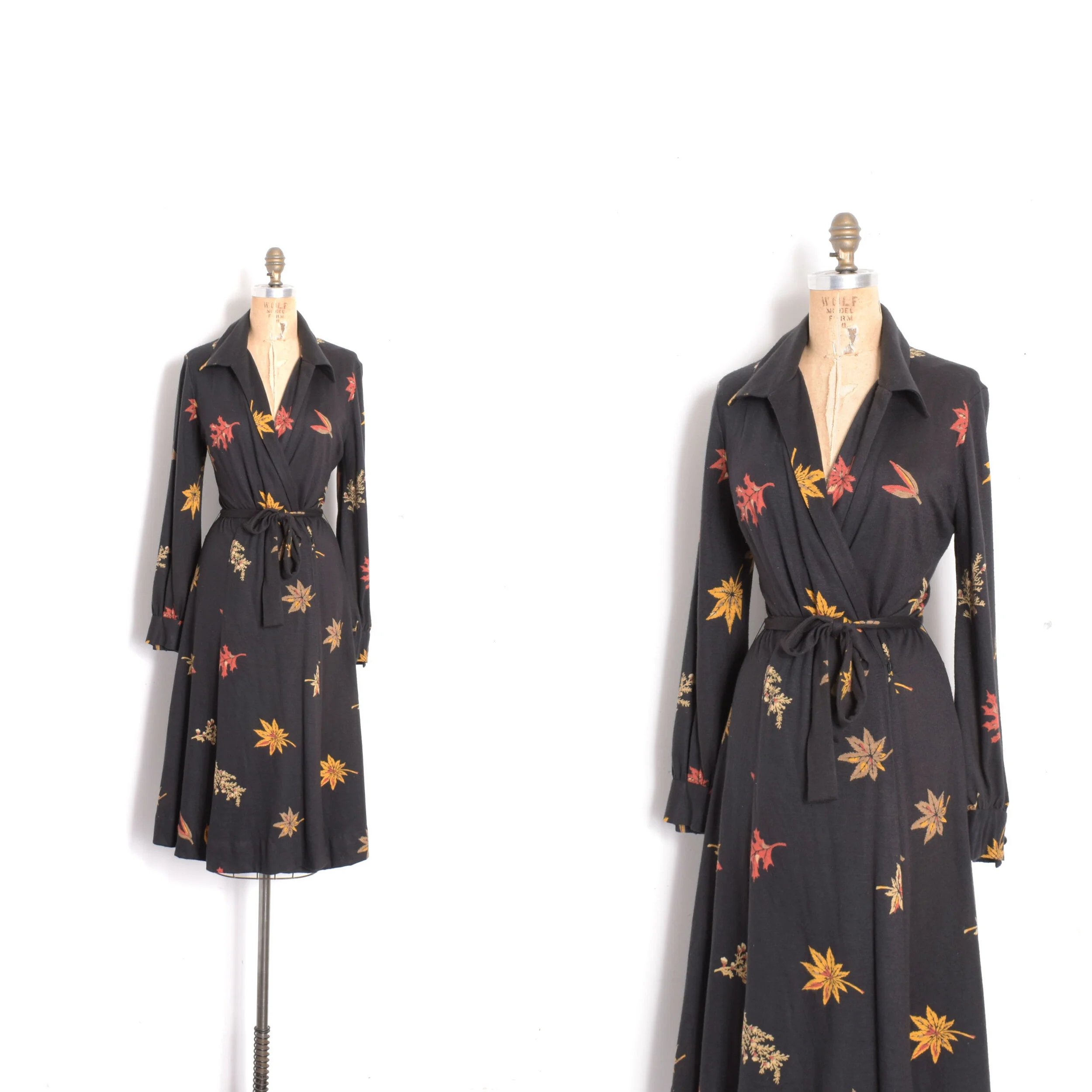 1970s Falling Leaves Wrap Dress-M/L