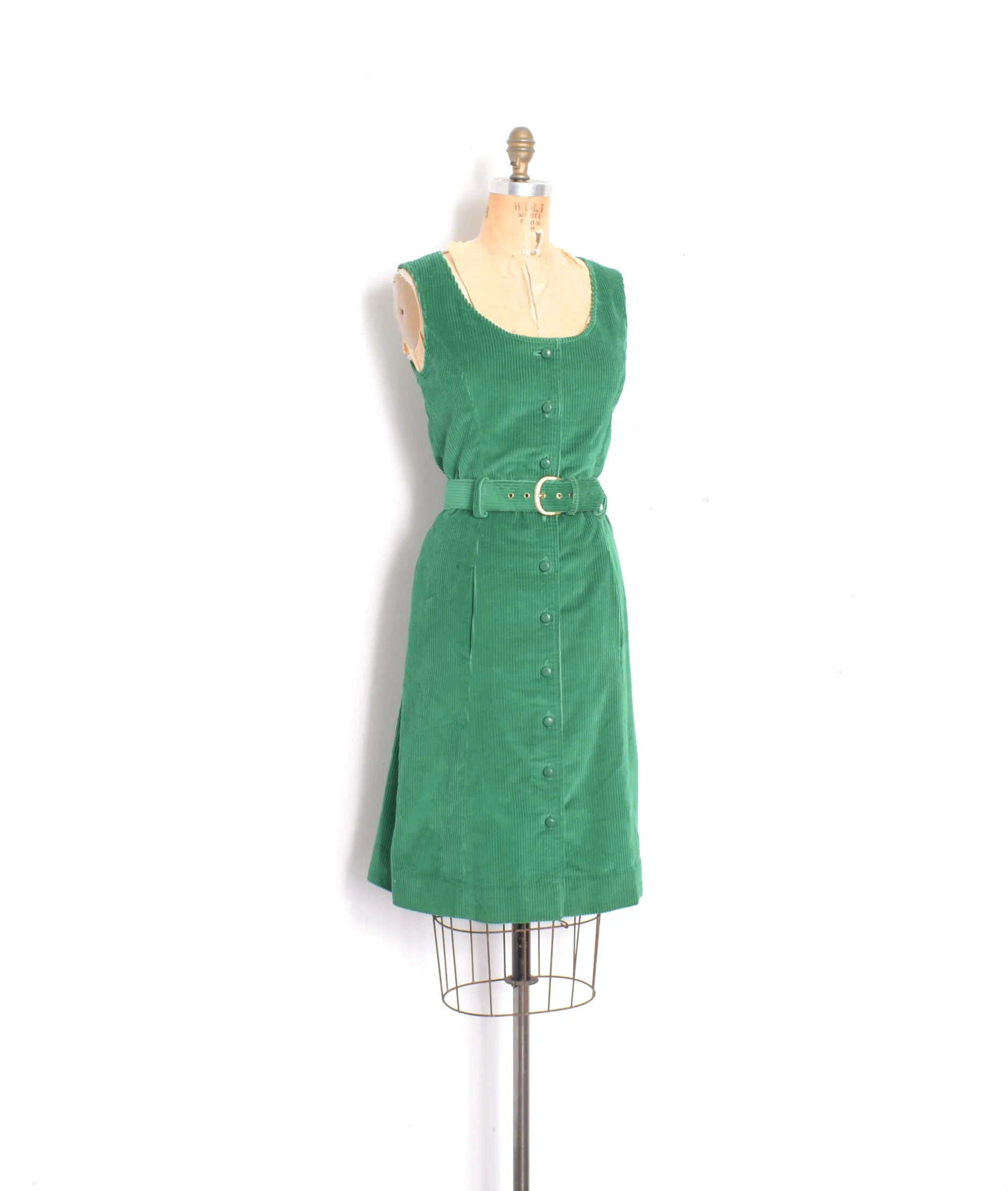 1960s Green Corduroy Jumper Dress-S/M  La Poubelle Vintage
