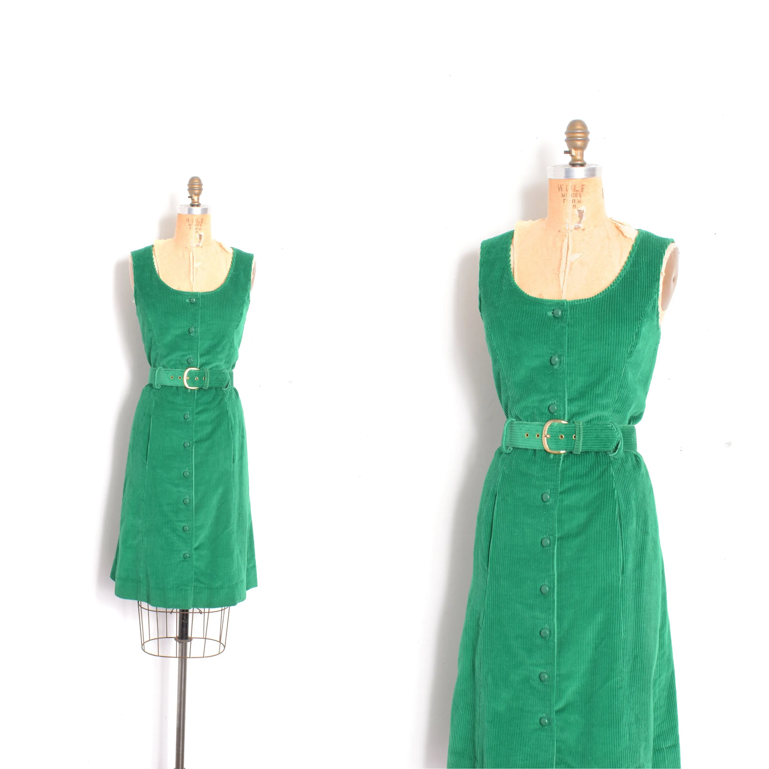 1960s Green Corduroy Jumper Dress-S/M