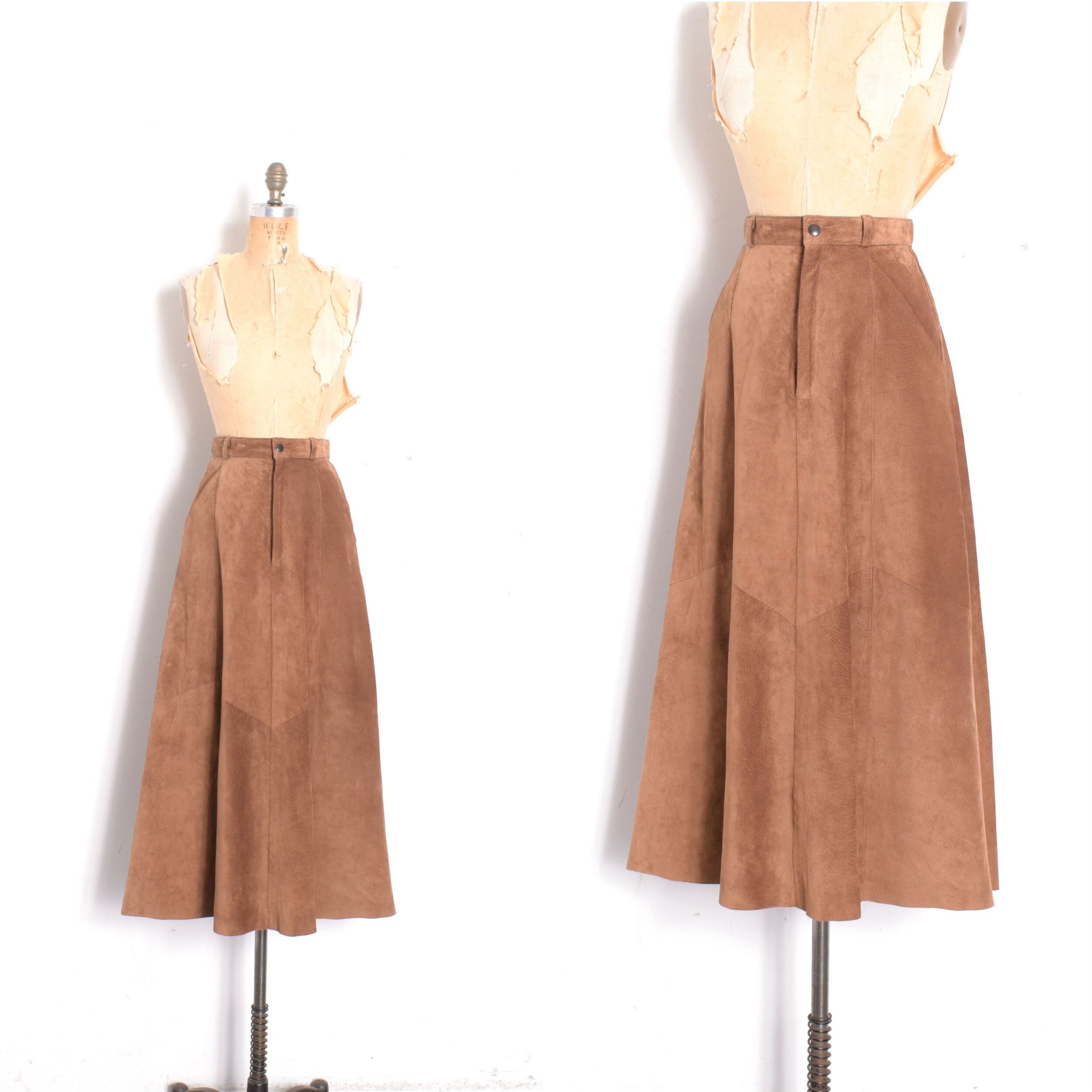 1970s Brown Suede Midi Skirt-XS