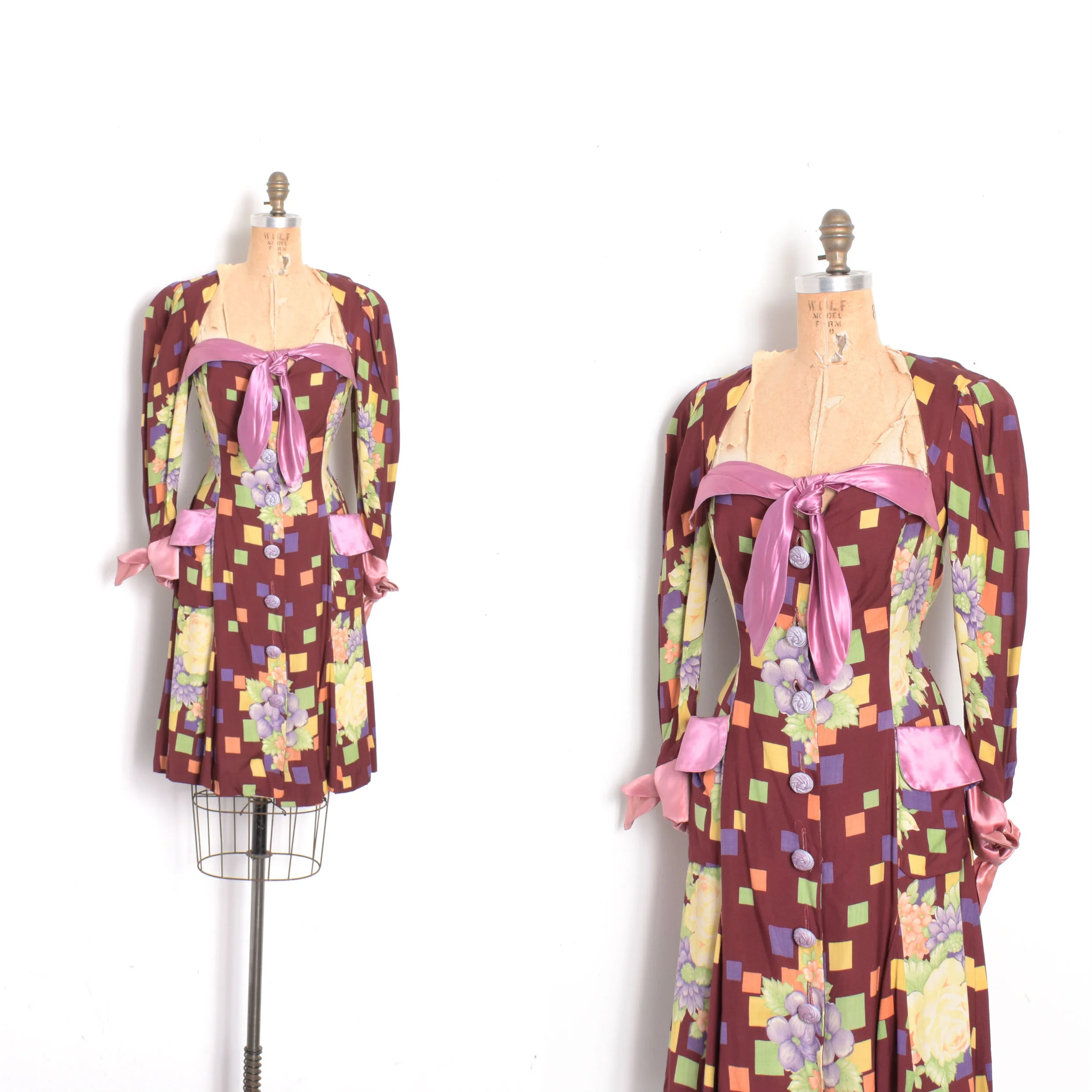 1970s Floral Rayon Dress with Satin Trim-small