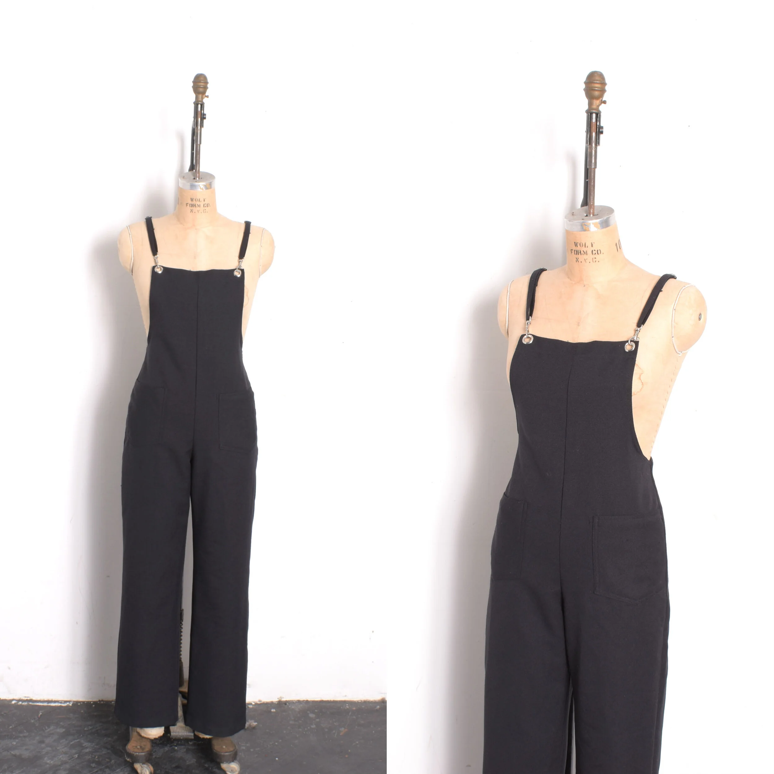 1980s black overalls style jumpsuit with lobster clasps