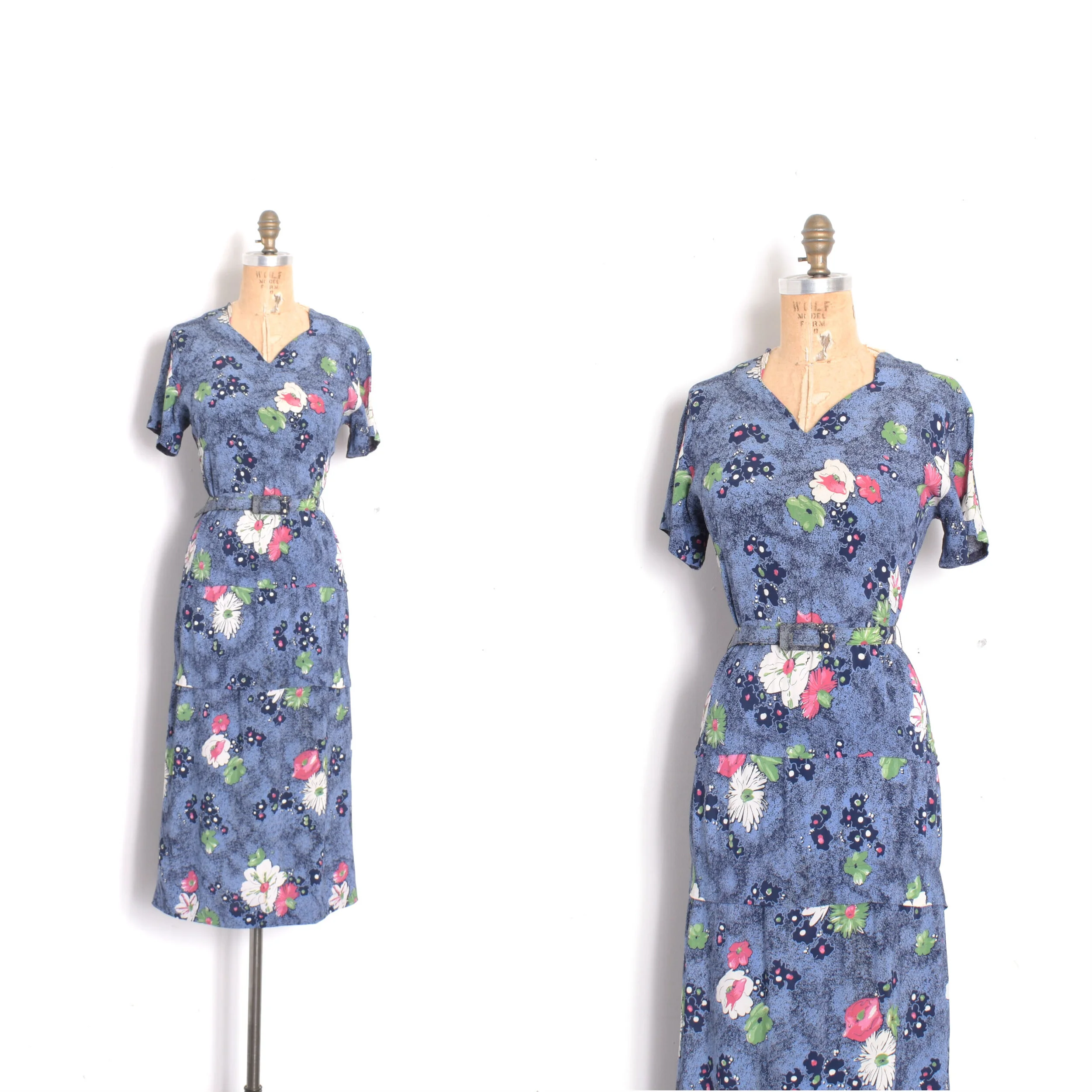 1940s Splashy Floral Print Rayon Dress-S/M
