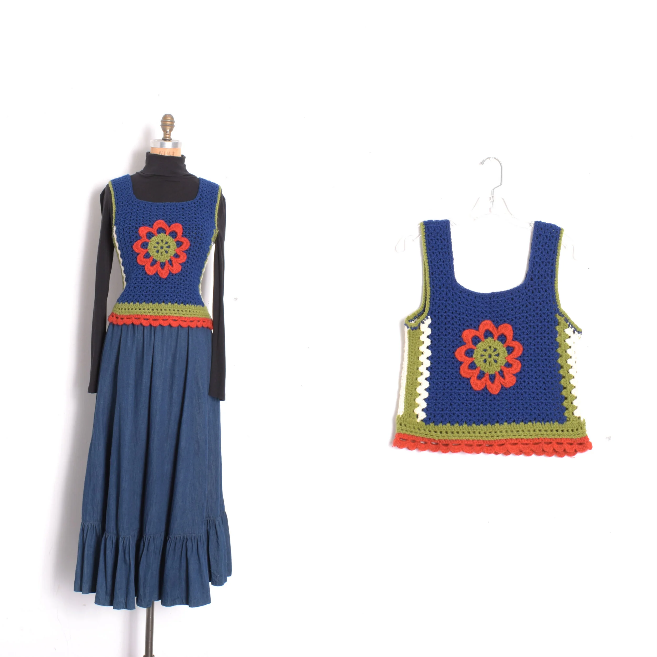 1970s Blue and Green Granny Square Top-S/M