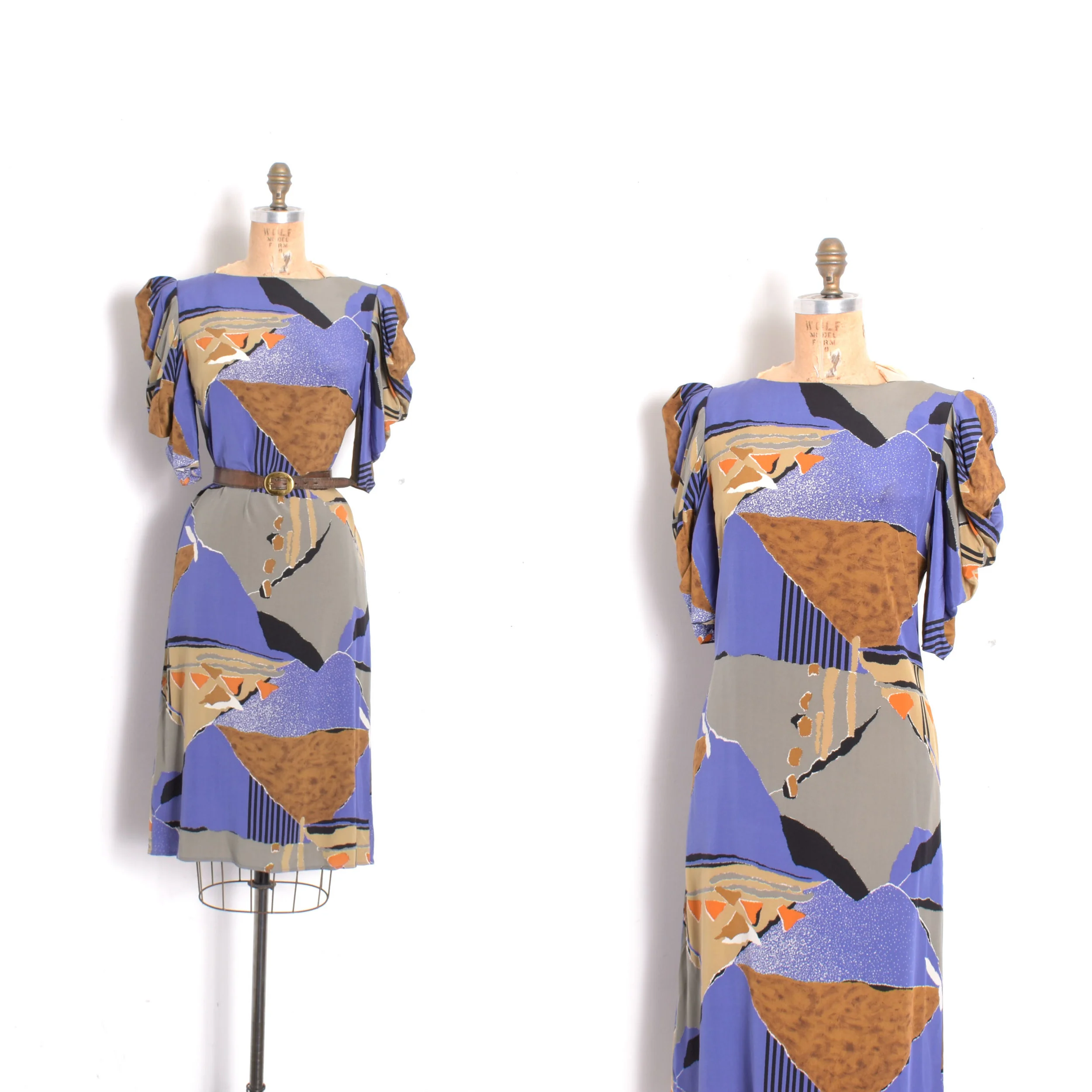 1980s Art Print Silk Puff Sleeve Dress-S/M