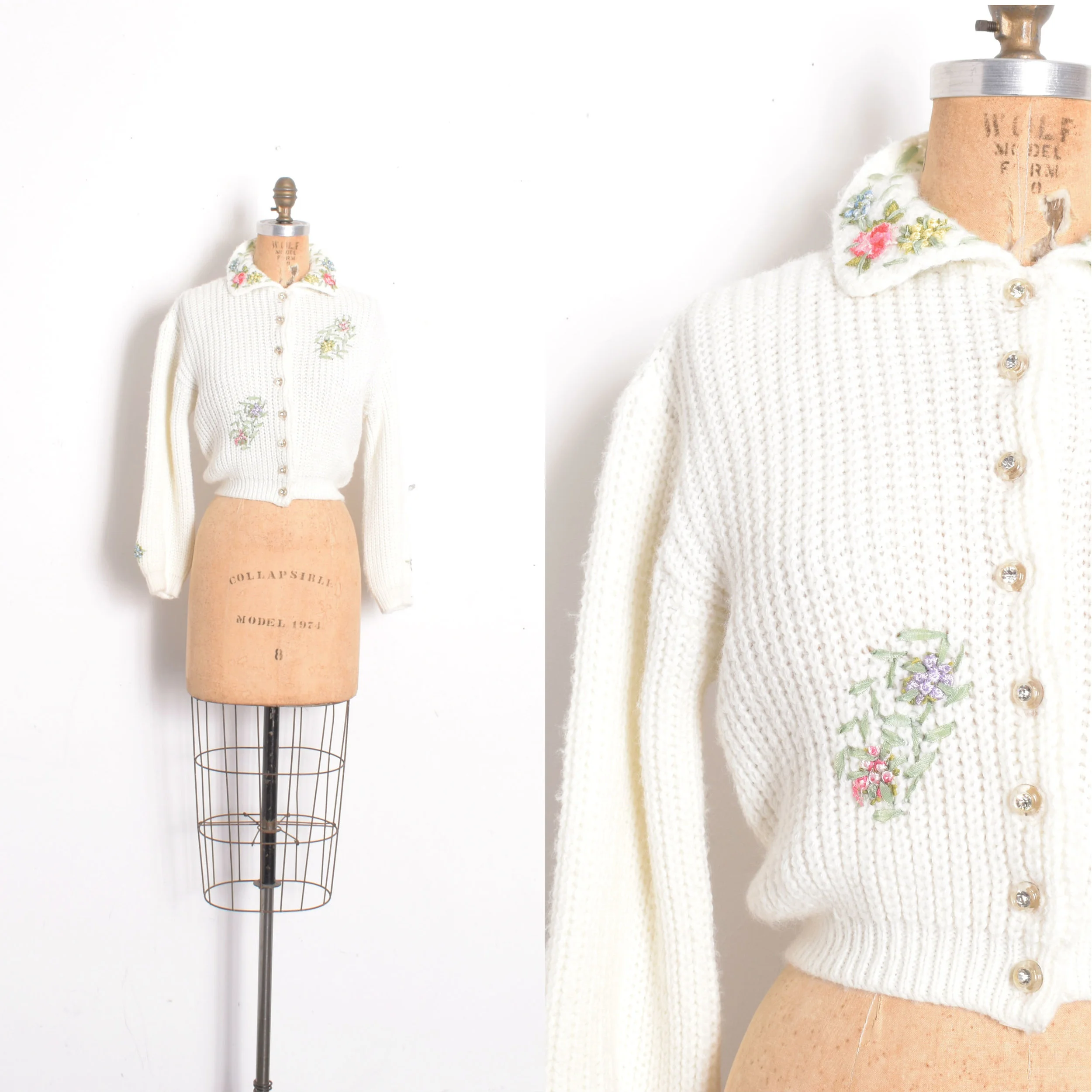 1950s Floral Knit Cropped Cardigan-small